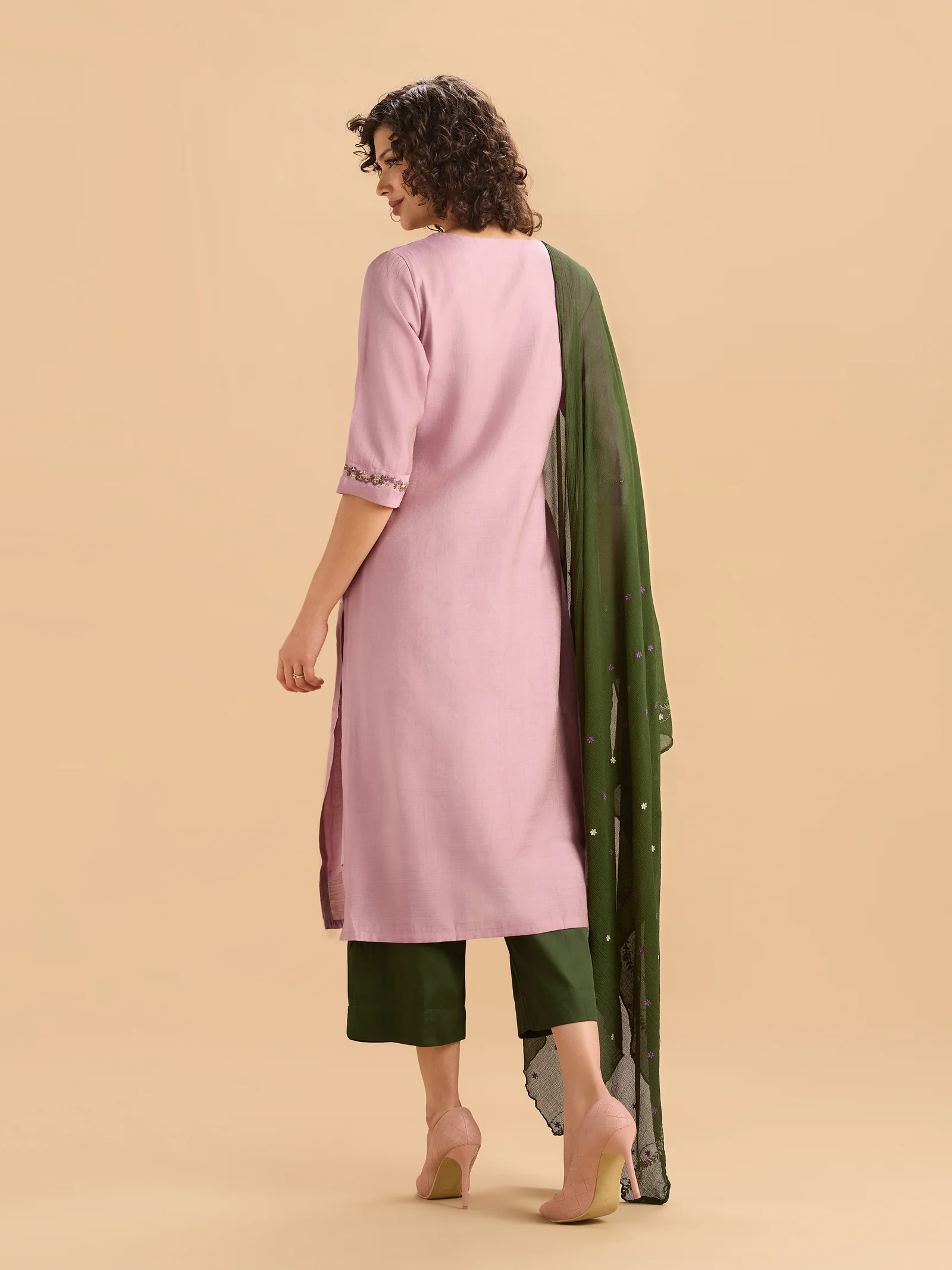 Onion Pink Viscose Blend Kurti Set With Dupatta And Hand Work Embroidery - Image 2
