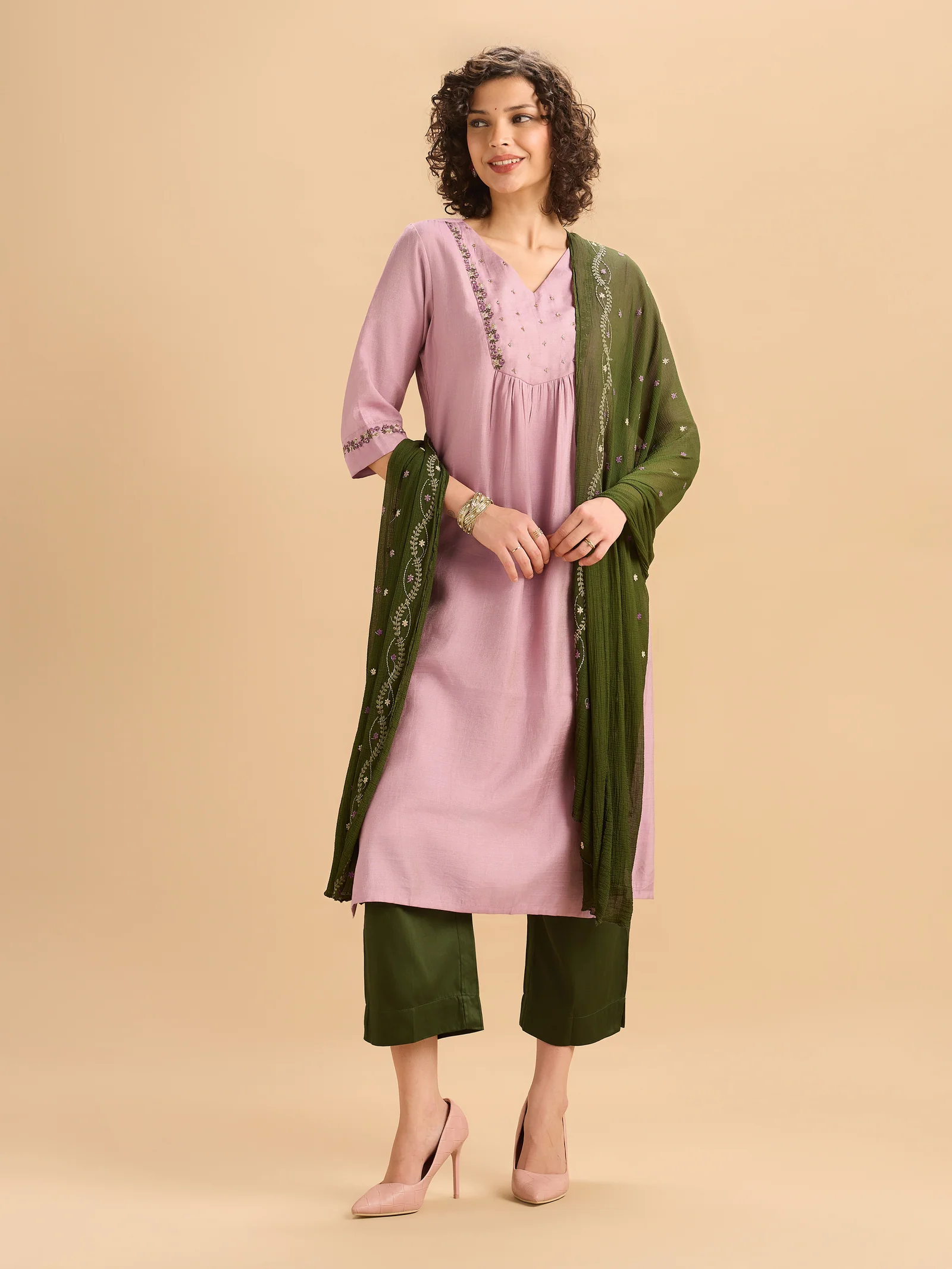 Onion Pink Viscose Blend Kurti Set With Dupatta And Hand Work Embroidery - Image 6