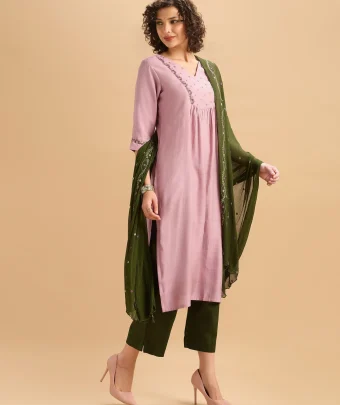 Onion Pink Viscose Blend Kurti Set With Dupatta And Hand Work Embroidery