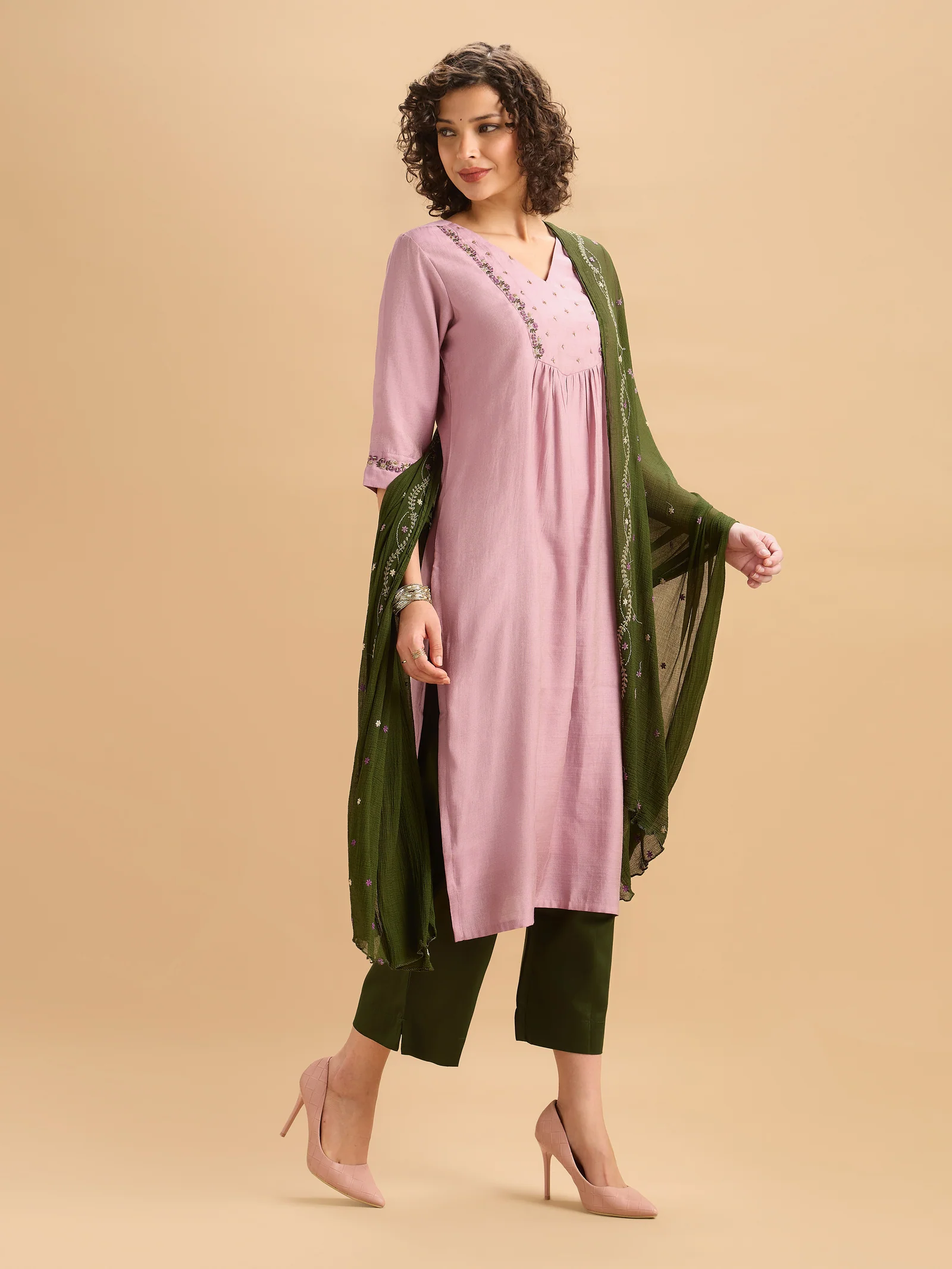Onion Pink Viscose Blend Kurti Set With Dupatta And Hand Work Embroidery