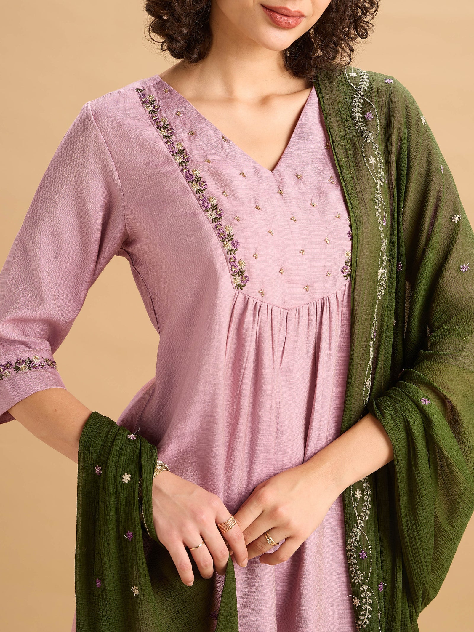 Onion Pink Viscose Blend Kurti Set With Dupatta And Hand Work Embroidery - Image 5