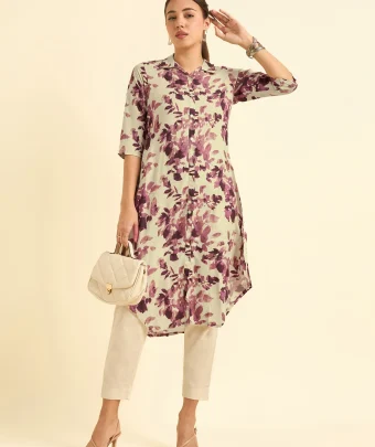 Ivory Wine Red Viscose Printed Kurti With Shaped Hemline