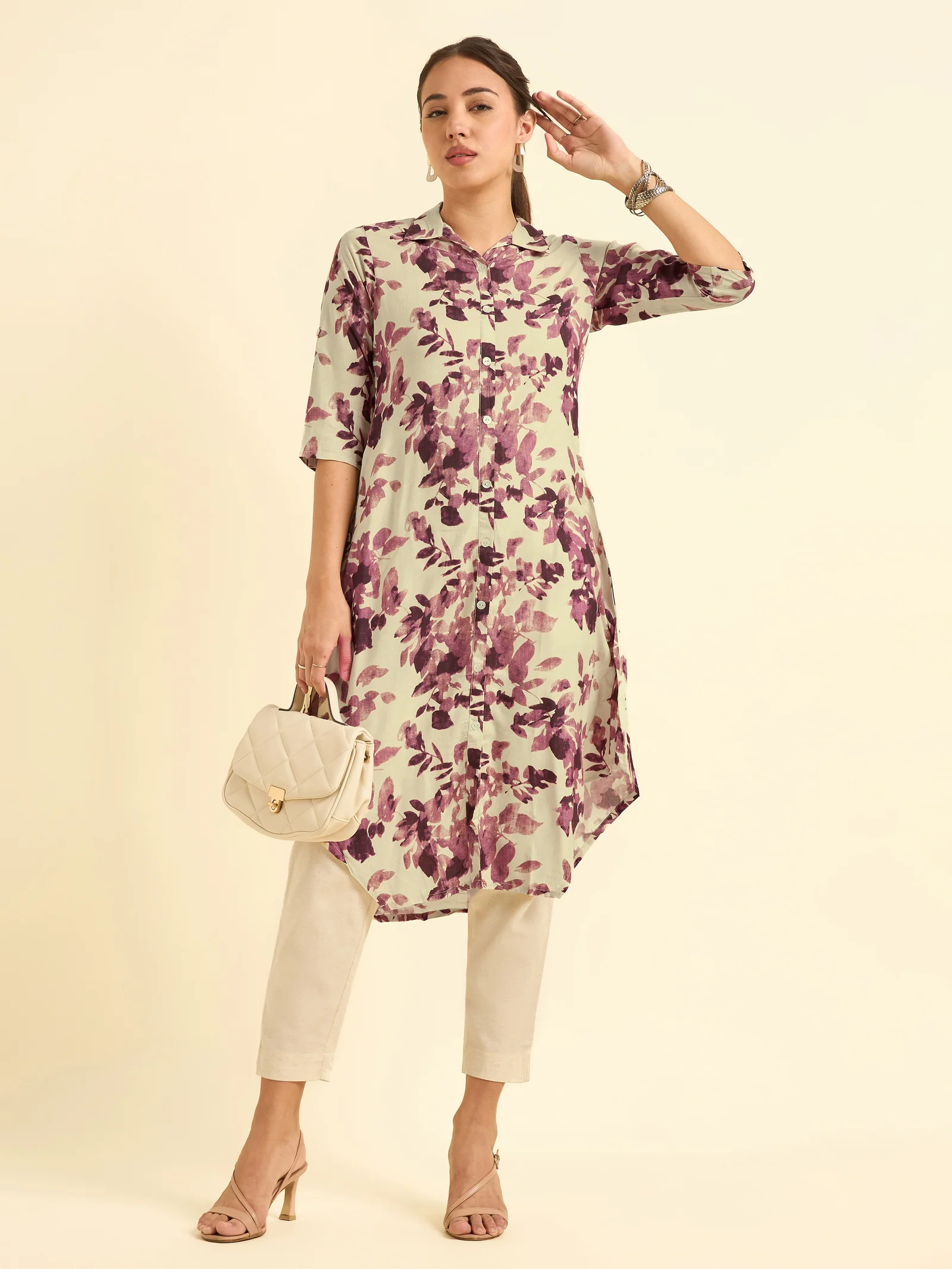Ivory Wine Red Viscose Printed Kurti With Shaped Hemline