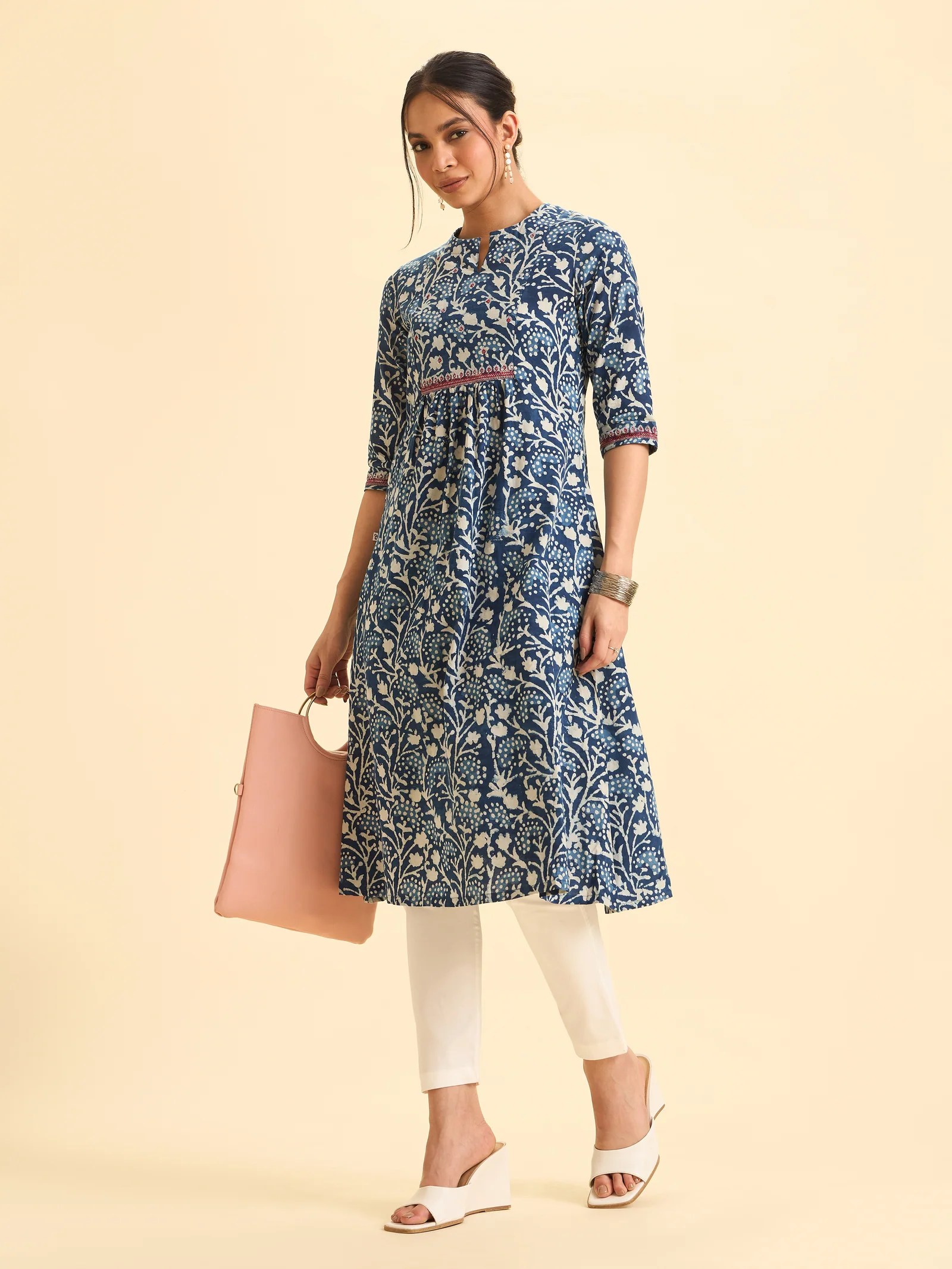 Indigo Blue Pure Cotton Printed Kurti With Embroidery And Sequins Work - Image 3