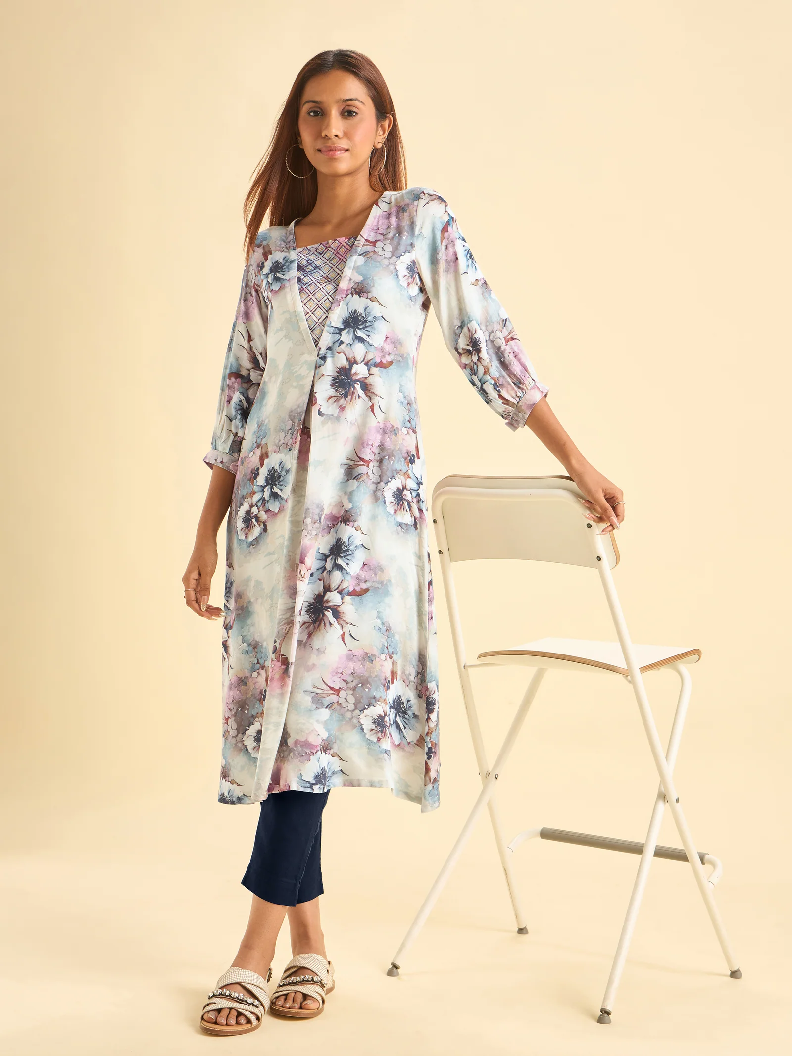 Ivory Modal Satin Printed Flared Kurti - Image 4