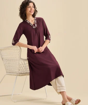 Maroon Viscose Plain Flared Center Panel Kurti With Embroidery
