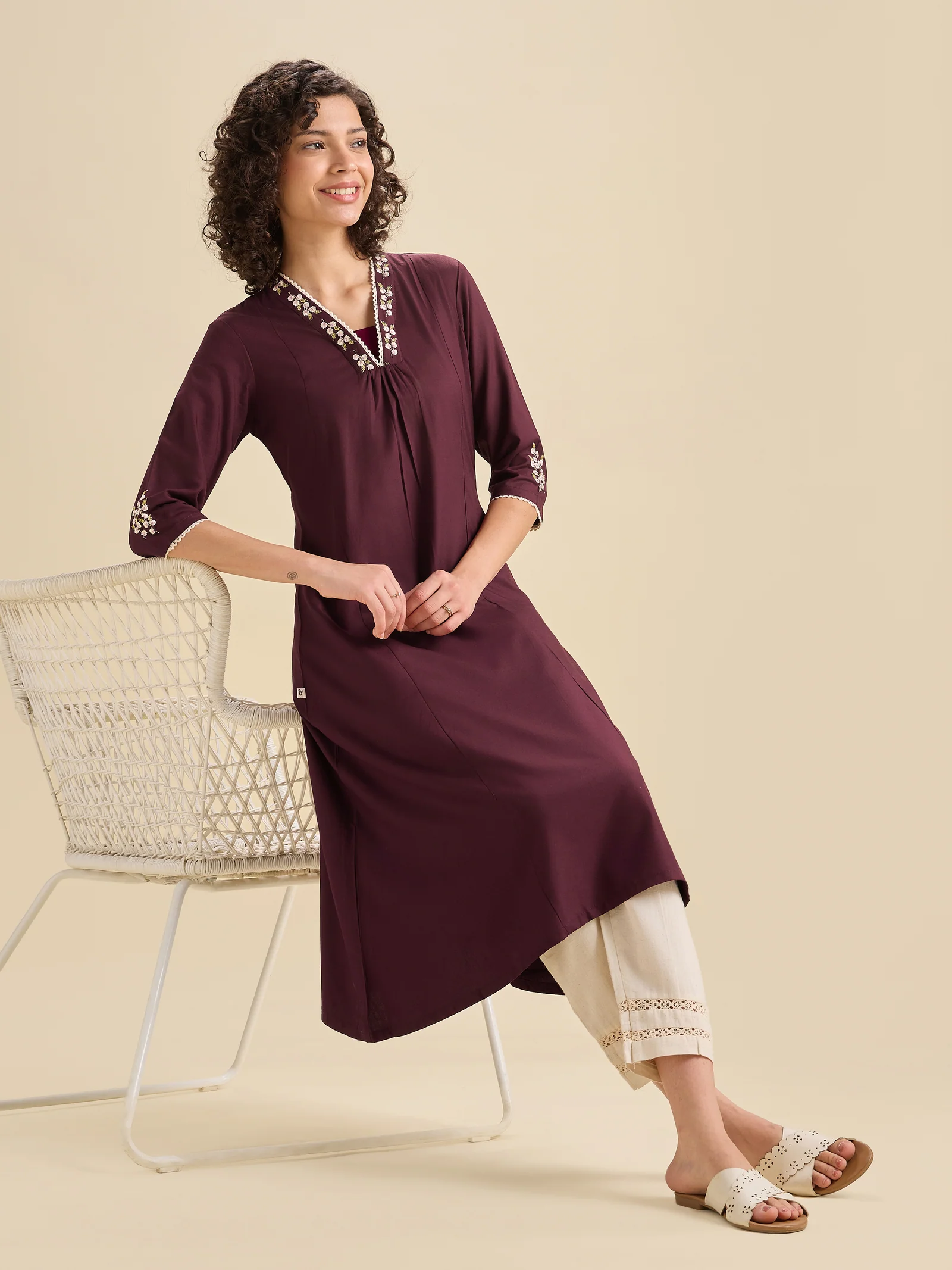 Maroon Viscose Plain Flared Center Panel Kurti With Embroidery