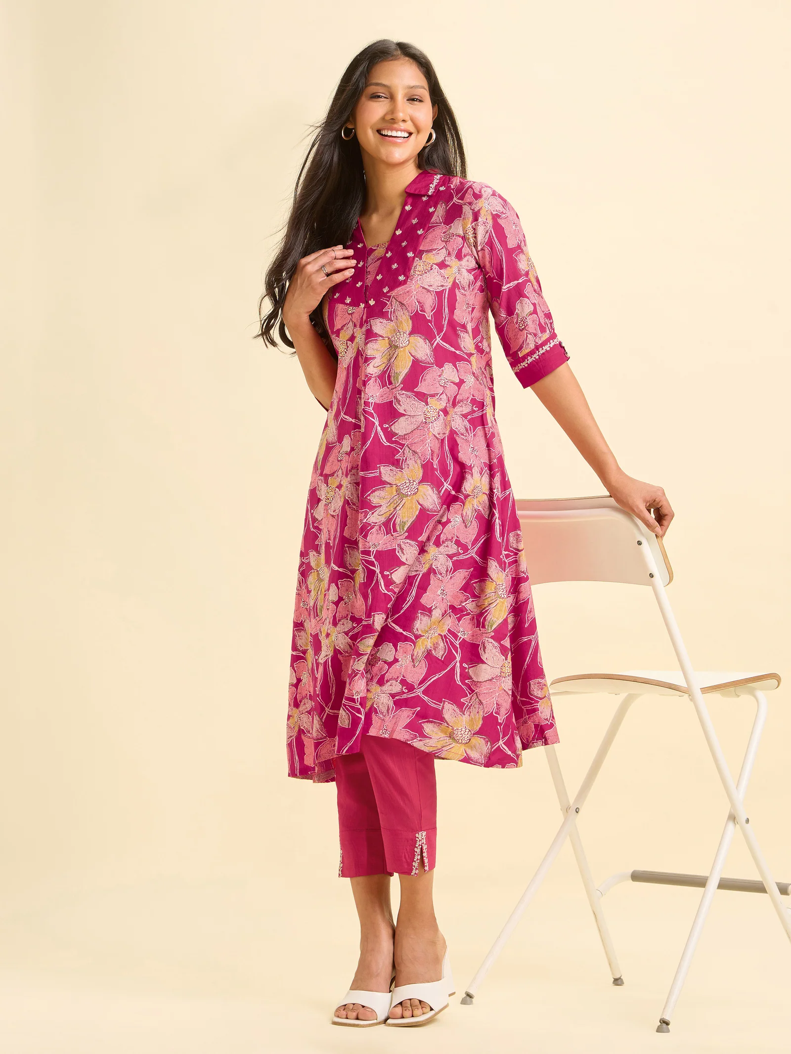 Magenta Viscose Blend Foil Printed Flared Kurta Set With Sequins Embroidery - Image 2