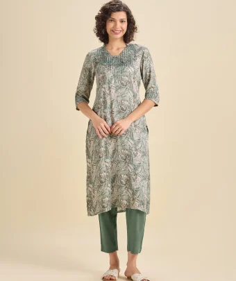Sage Green Modal Satin Slitted Kurti Set With Embroidery And Sequins Work