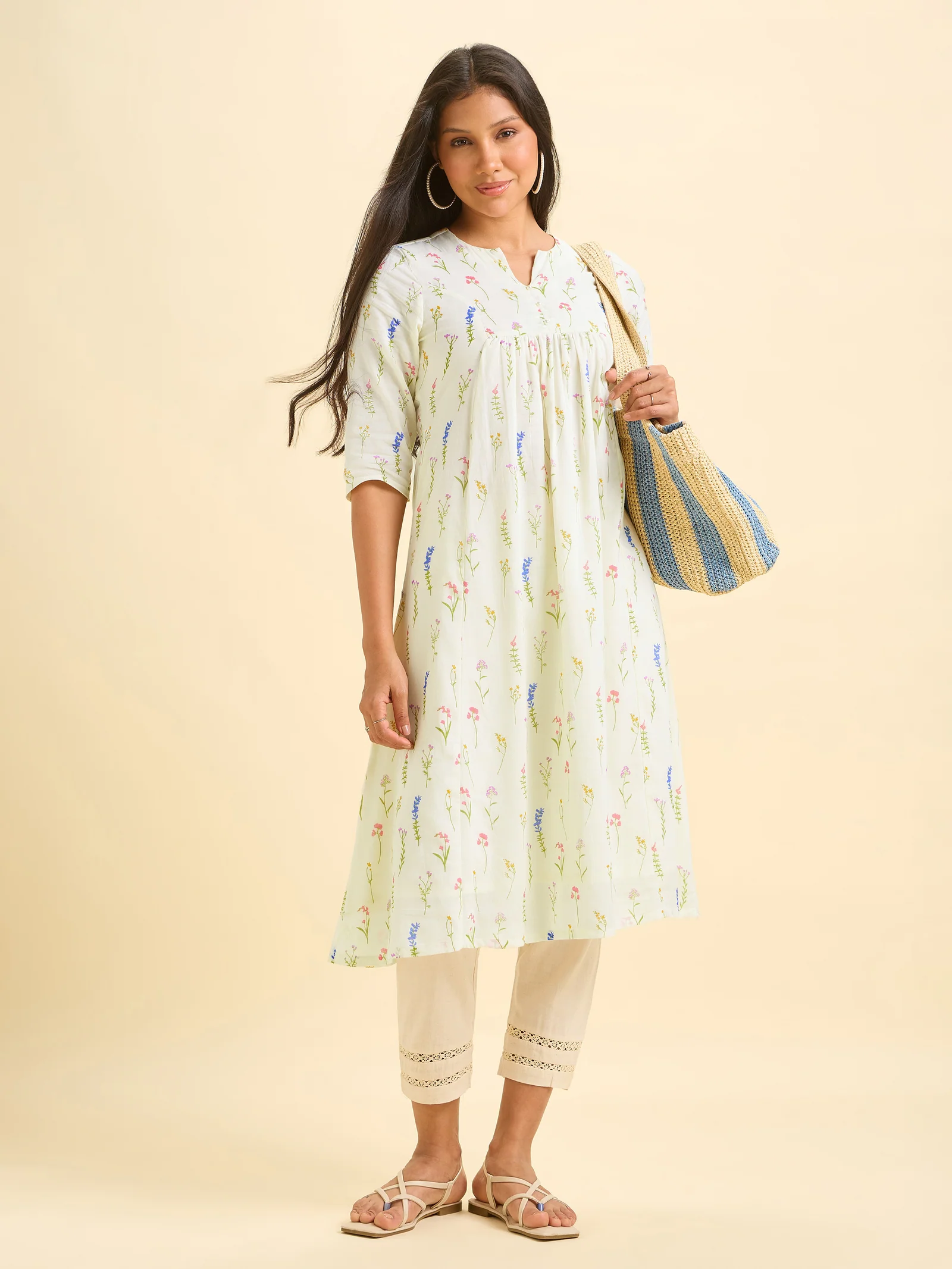 Ivory Pure Cotton Printed Flared Kurti - Image 2