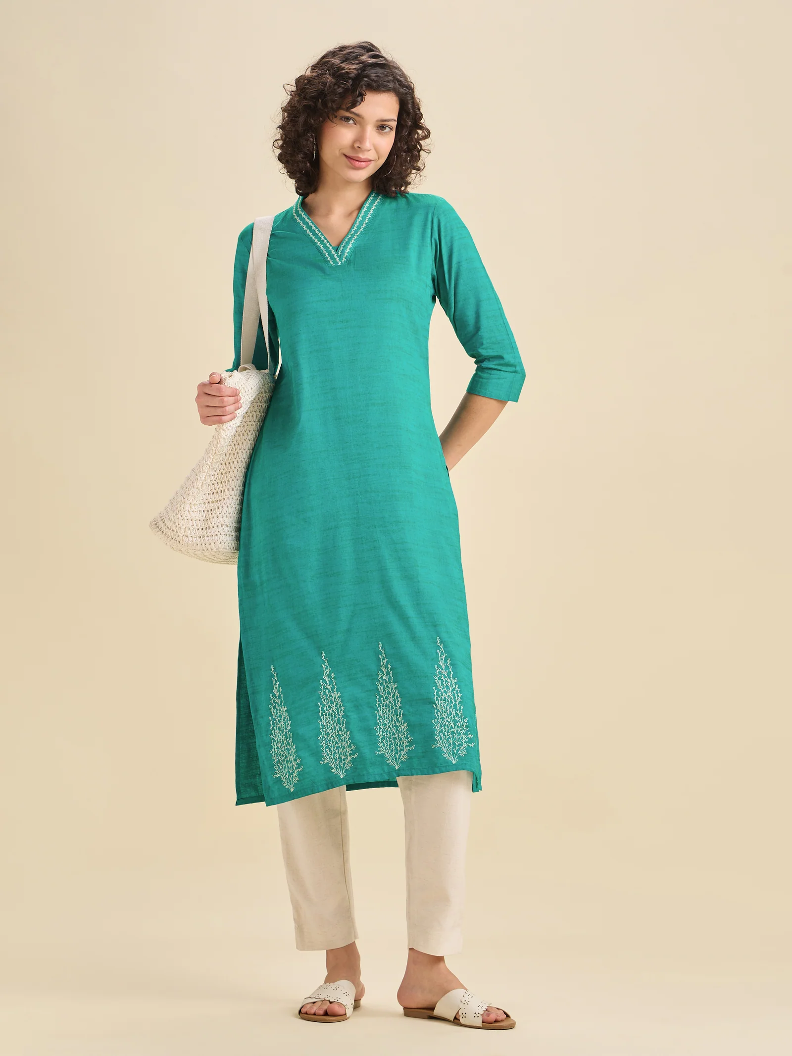 Aqua Green Cotton Viscose Kurti With Embroidery - Image 3