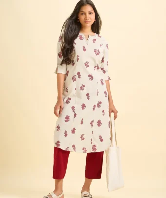 Ivory Maroon Cotton Flax Printed Slitted Kurti With Running Stitch Embroidery