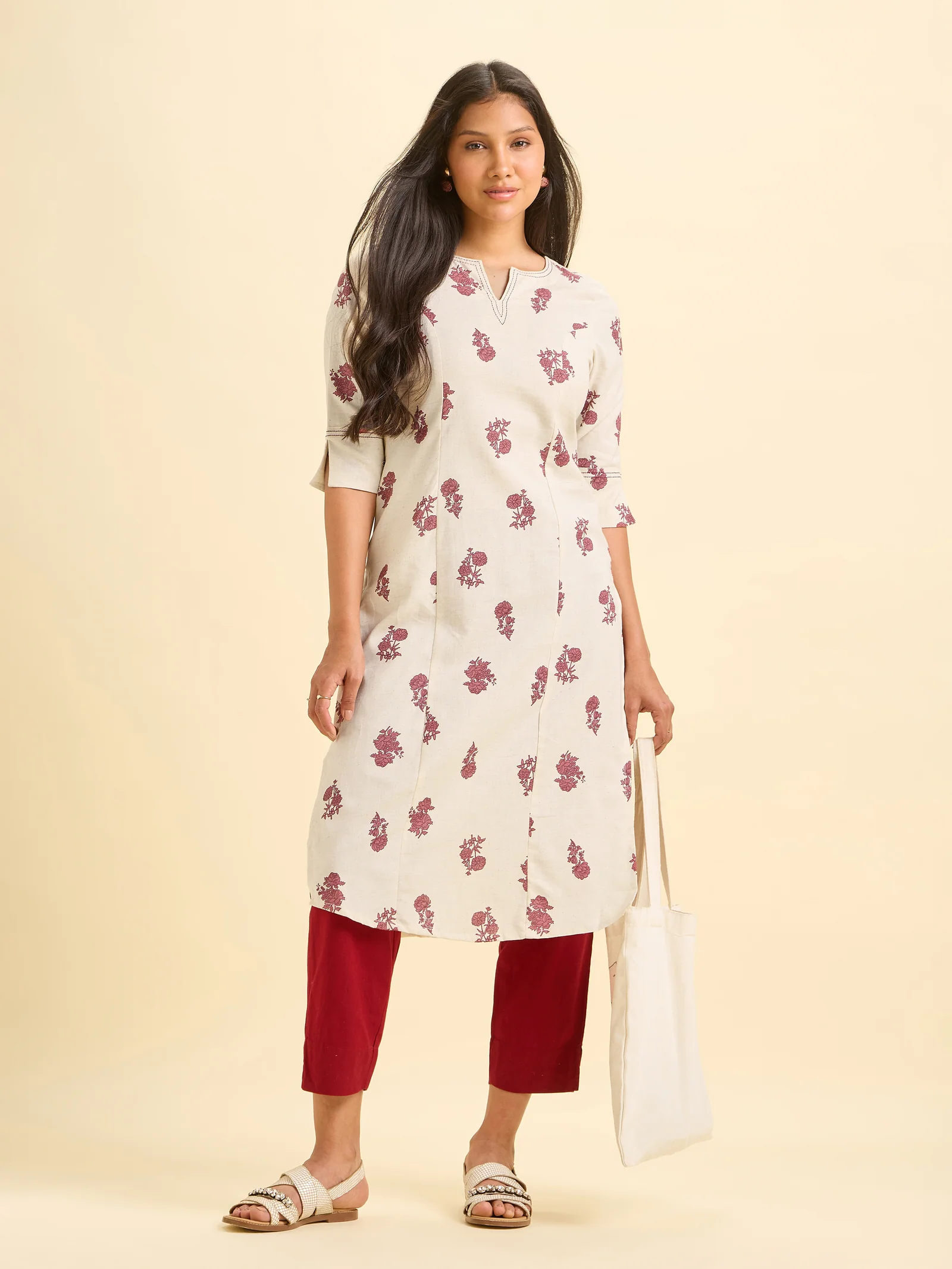 Ivory Maroon Cotton Flax Printed Slitted Kurti With Running Stitch Embroidery