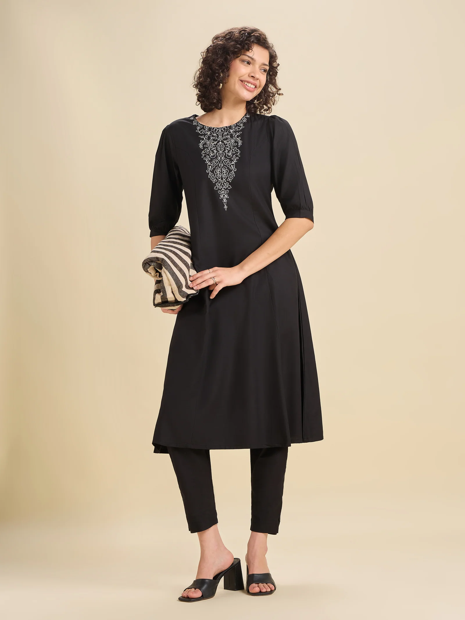 Black Viscose Plain Flared Center Panel Kurti With Embroidery - Image 2