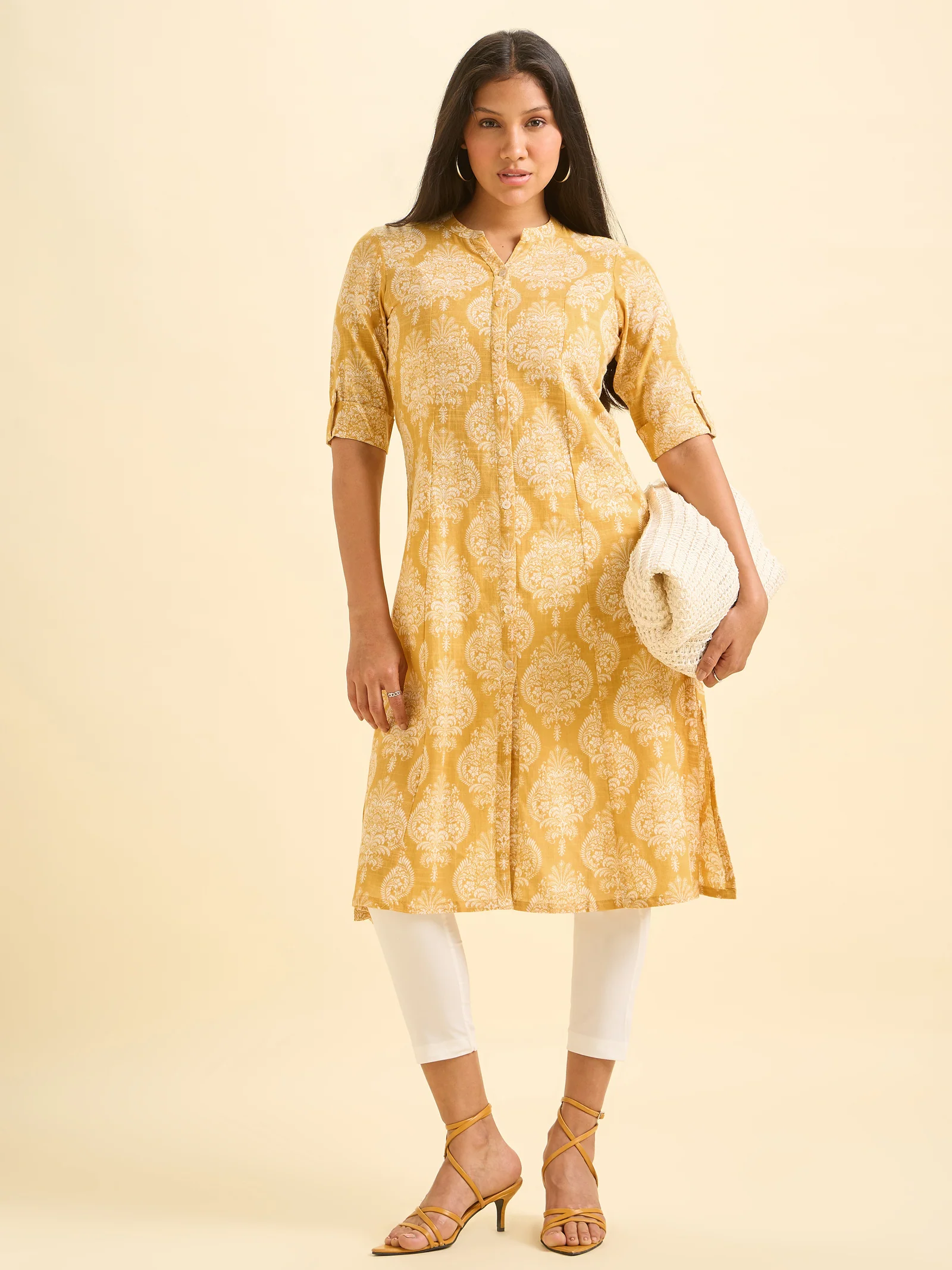 Mustard And White Cotton Slub Printed Flared Kurti With Princess Cut - Image 4
