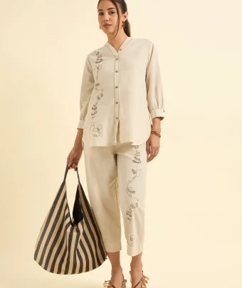 Ivory Cotton Flax Slub Tunic Set With Parallel Pant And Embroidery