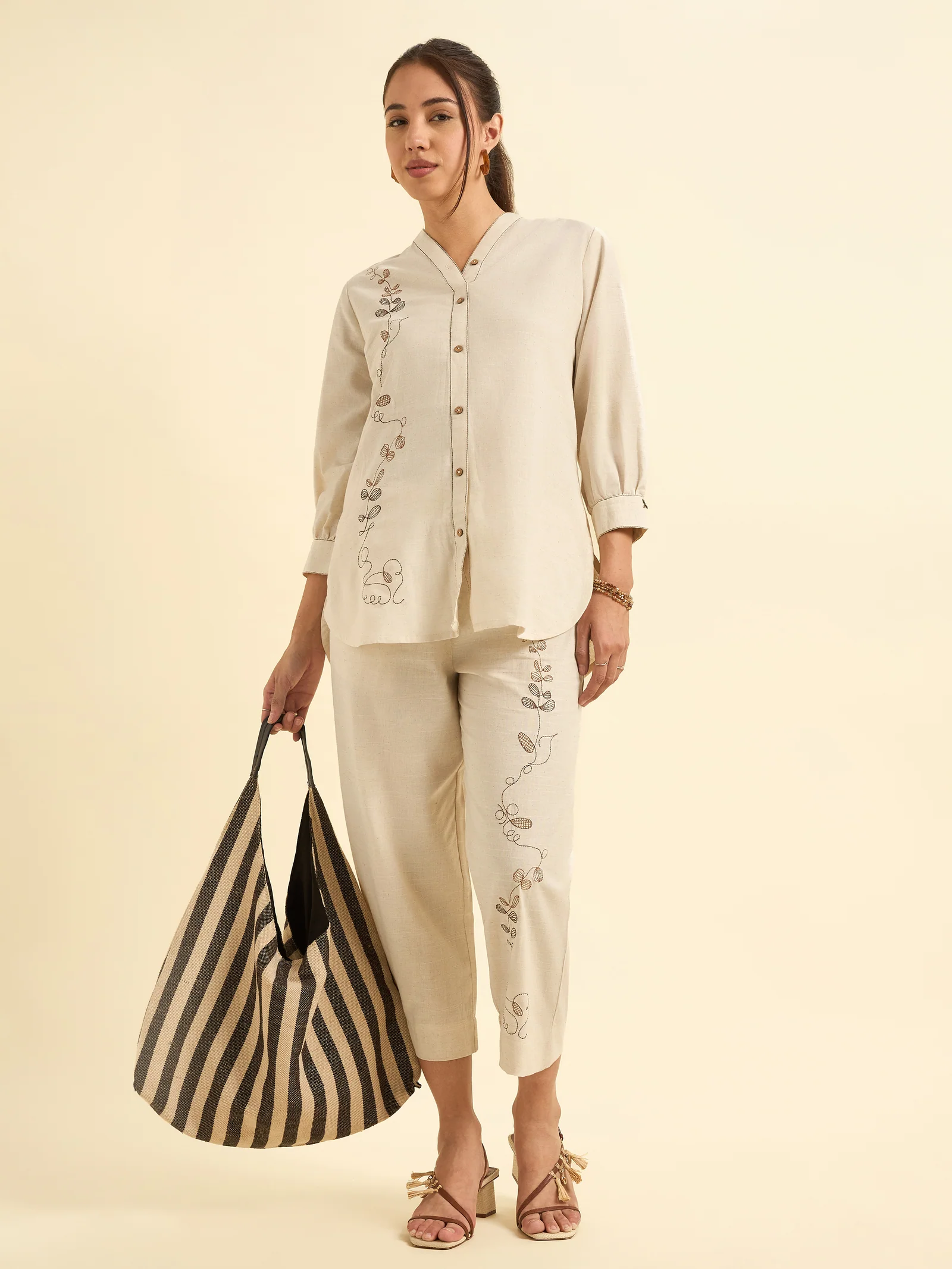 Ivory Cotton Flax Slub Tunic Set With Parallel Pant And Embroidery