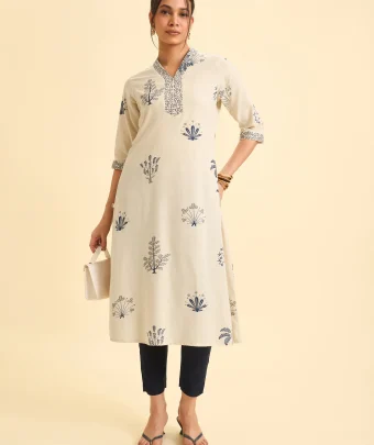 Ivory Cotton Flax Printed Flared Kurti With Embroidery