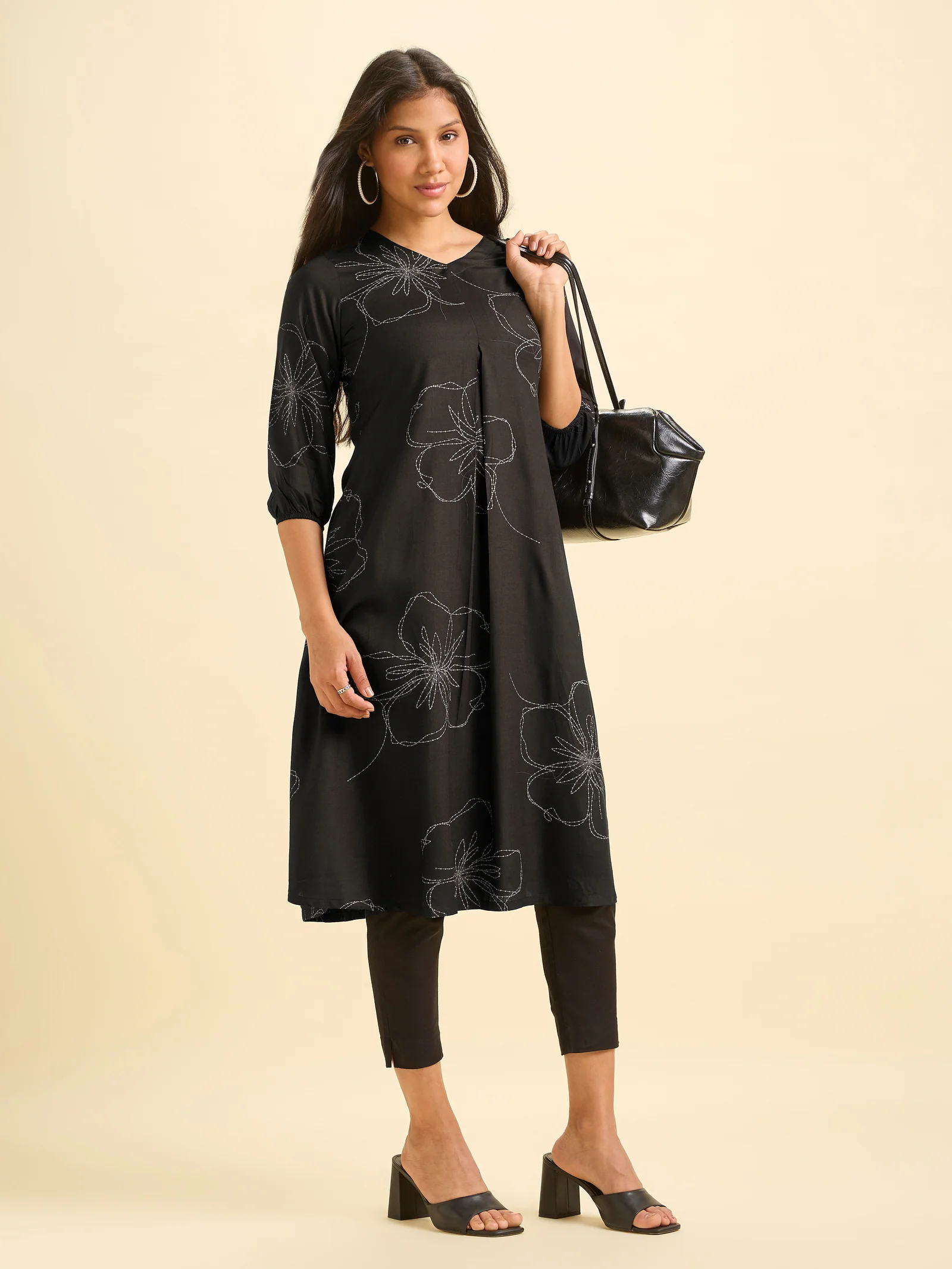Black And White Tencel Printed Flared Kurti With Box Pleat - Image 3