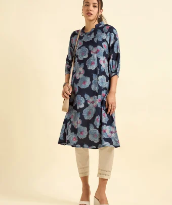 Navy Blue Modal Chanderi Princess Cut Printed Kurti With Embroidery And Sequins Work