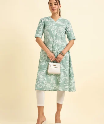 Sage Green And White Cotton Linen Printed Flared Kurti With Knife Pleat