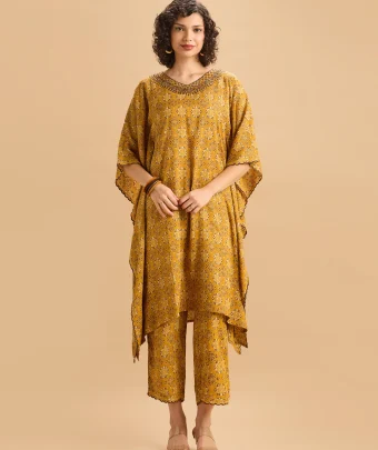 Mustard Yellow Viscose Printed Kaftan Set With Hand Work Embroidery
