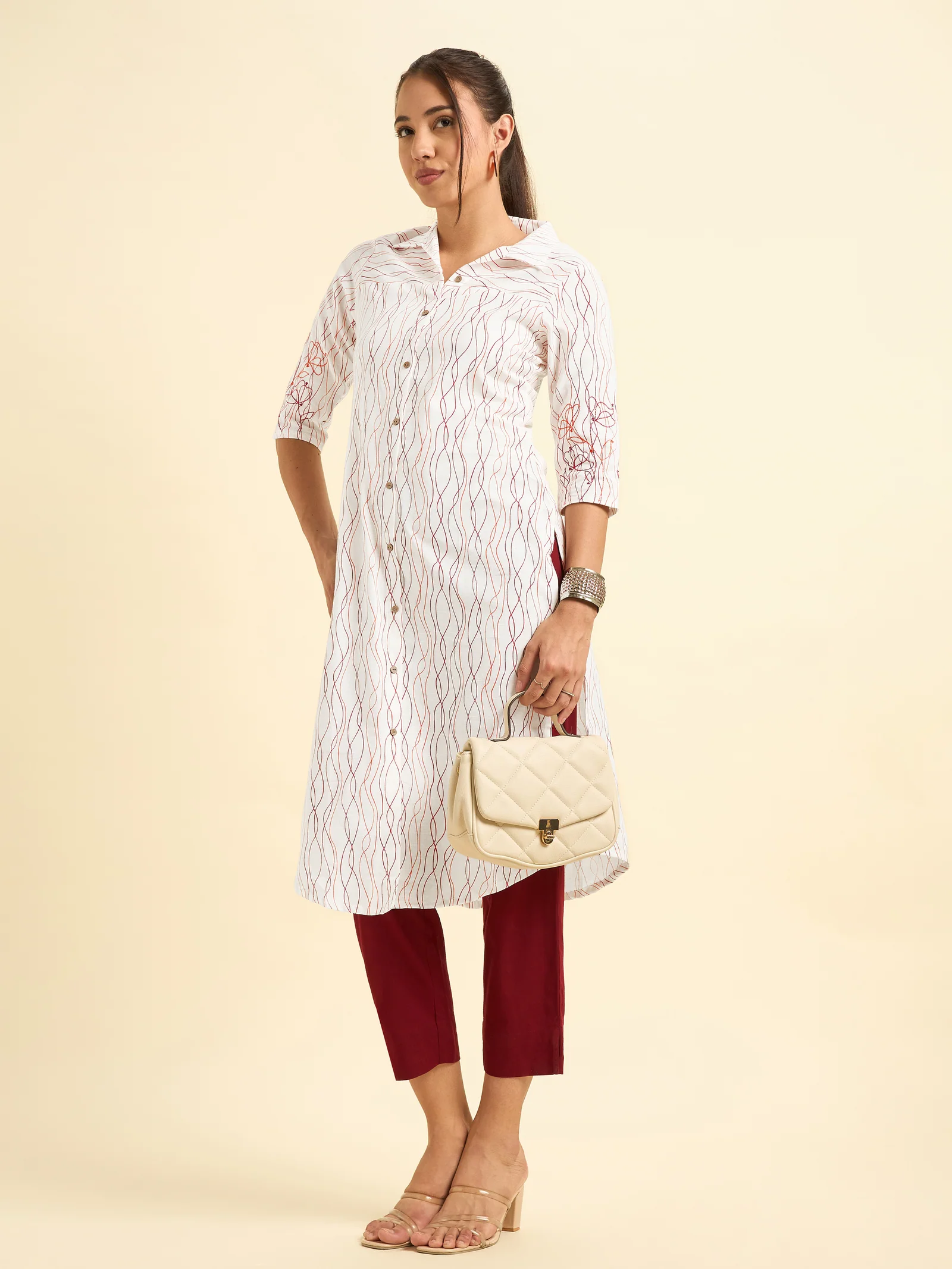 White Cotton Flax Slub Printed Slitted Kurti With Embroidery - Image 4