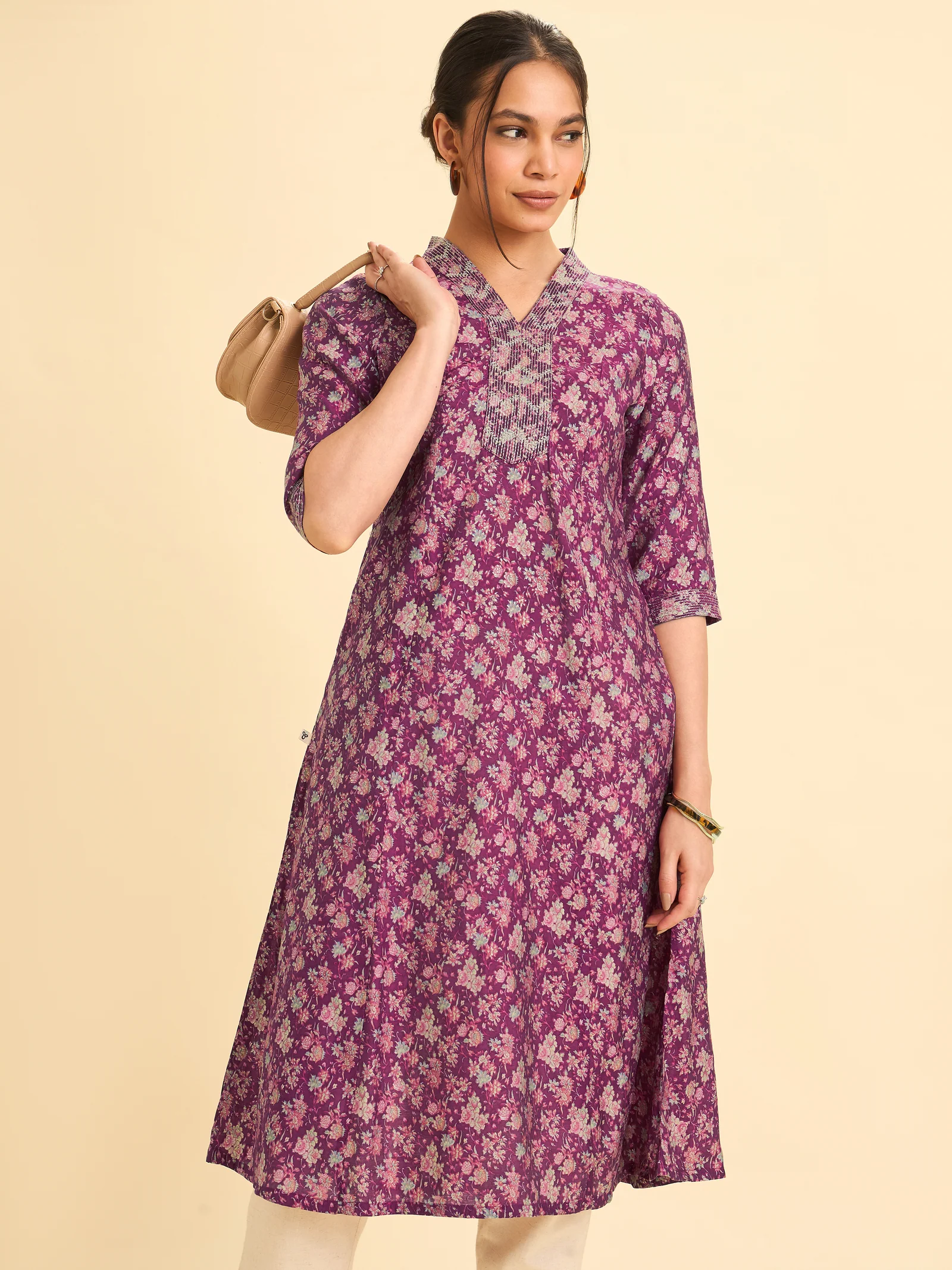Wine Red Modal Chanderi Printed Flared Princess Cut Kurti With Embroidery - Image 3