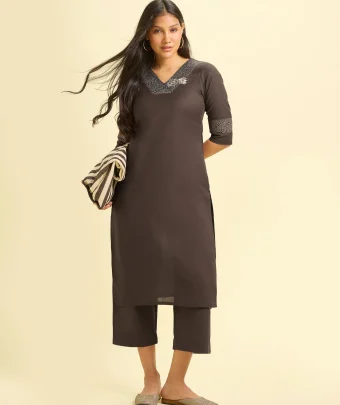 Coffee Brown Cotton Flax Slit Co-Ord Set With Embroidery
