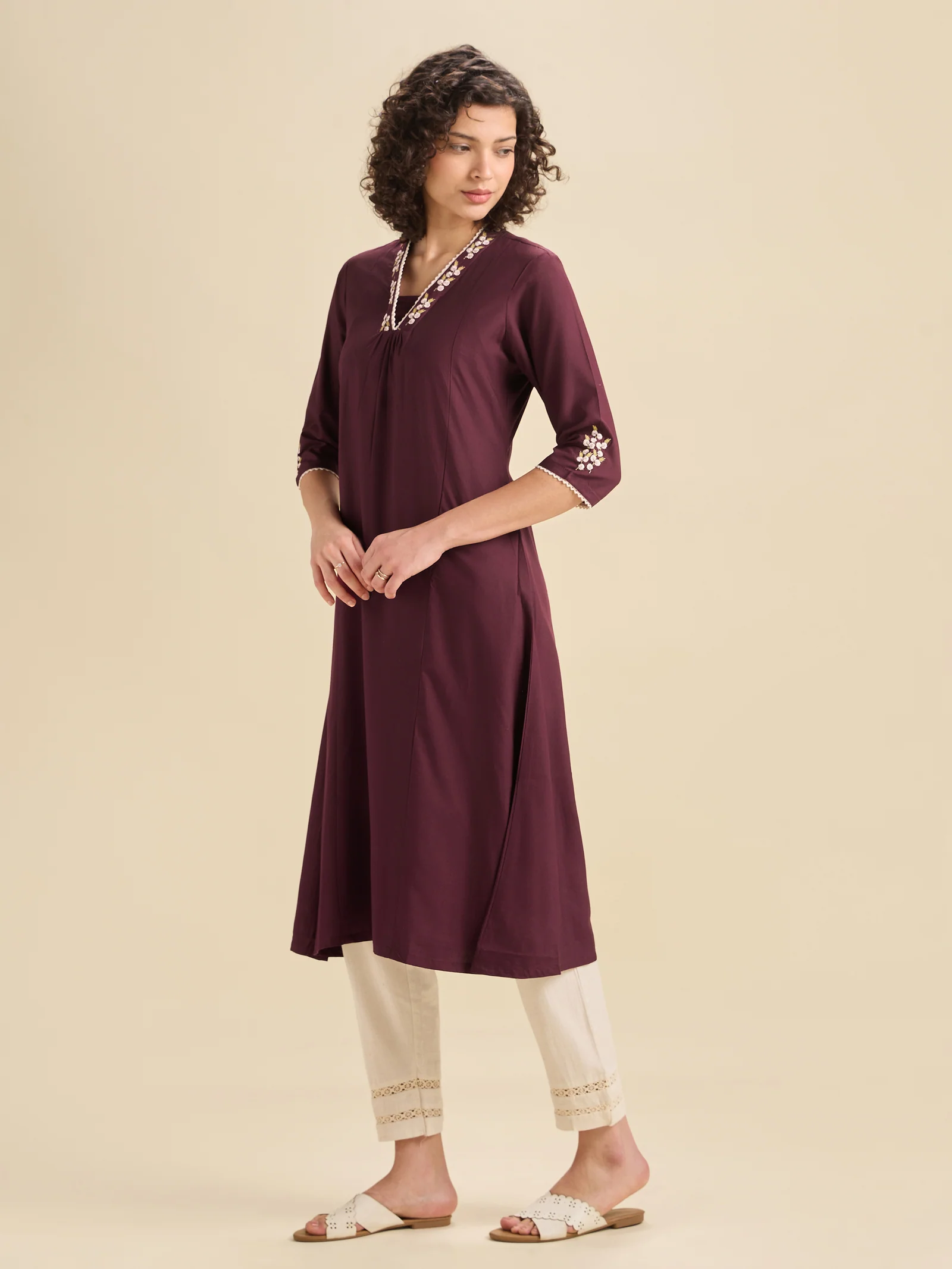 Maroon Viscose Plain Flared Center Panel Kurti With Embroidery - Image 3