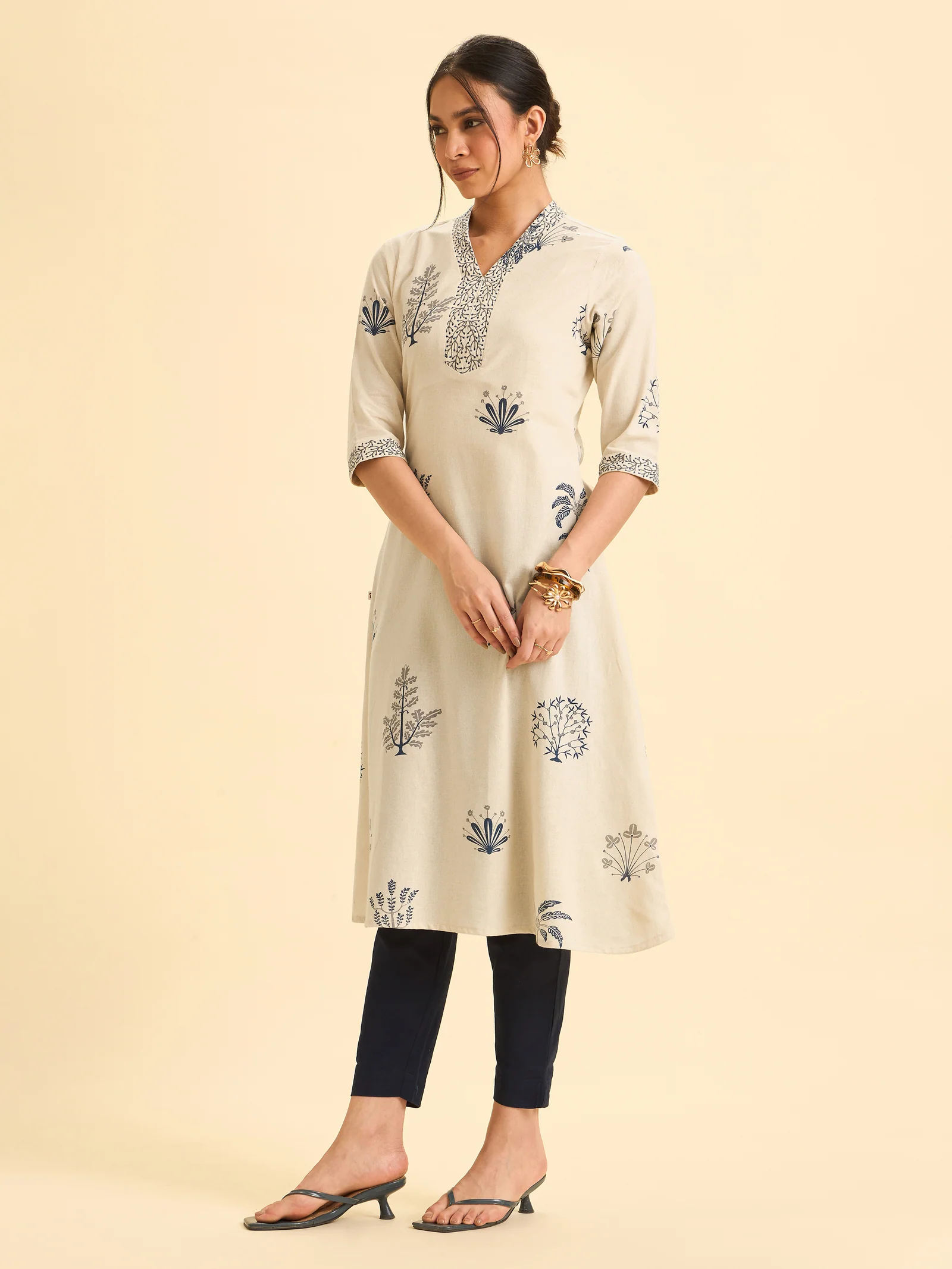 Ivory Cotton Flax Printed Flared Kurti With Embroidery - Image 3