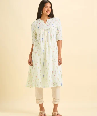 Ivory Pure Cotton Printed Flared Kurti
