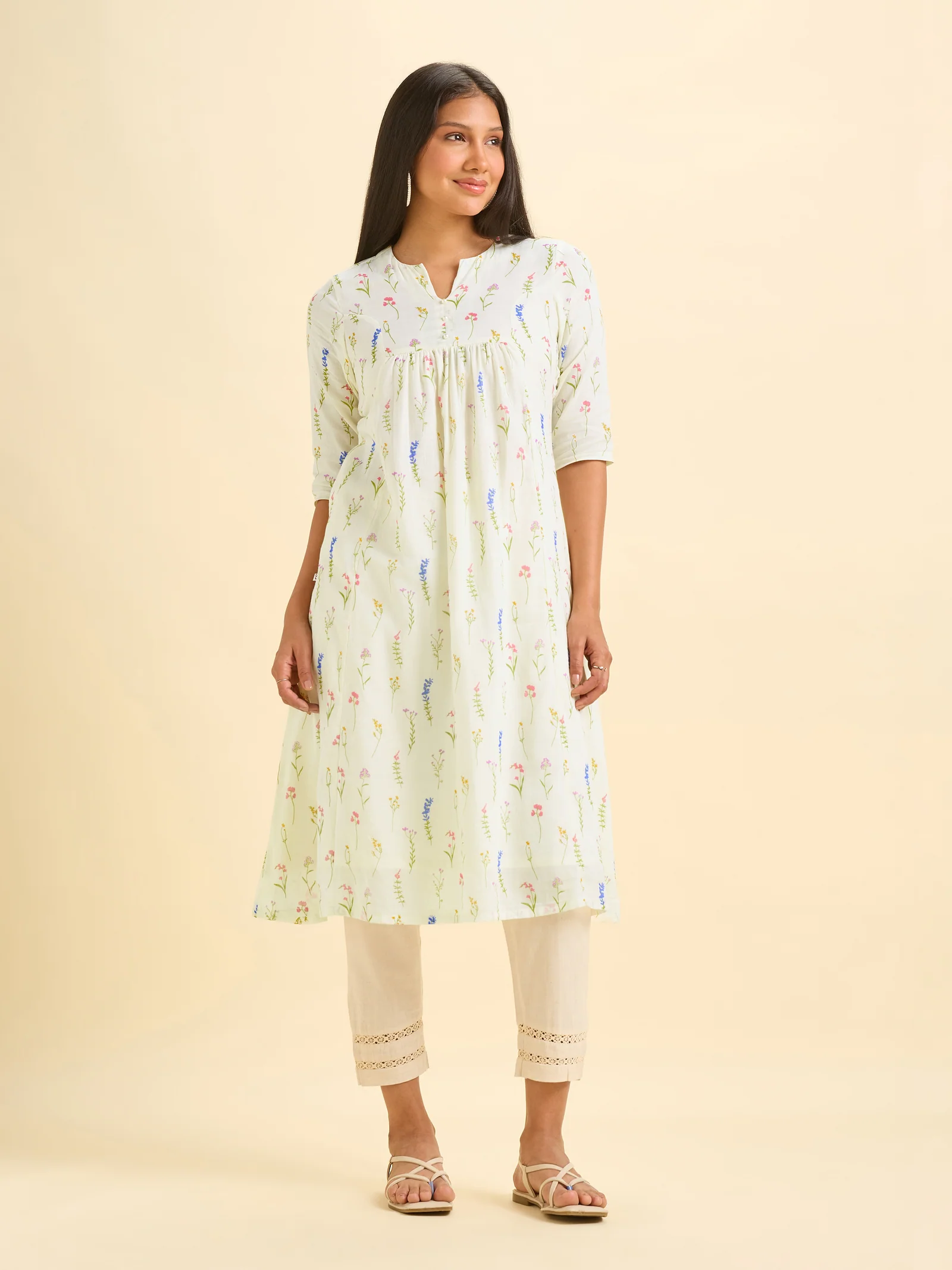 Ivory Pure Cotton Printed Flared Kurti