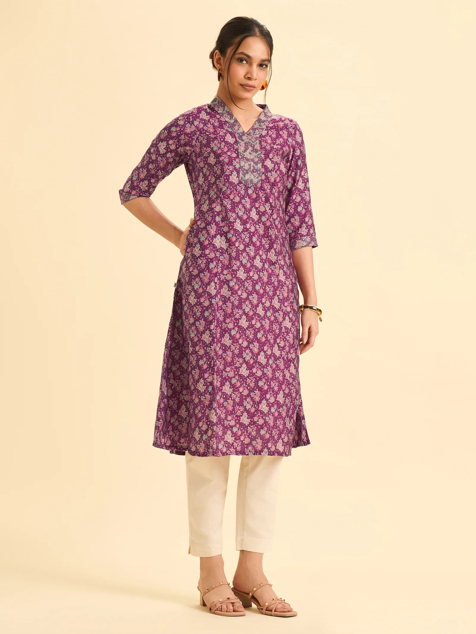 Wine Red Modal Chanderi Printed Flared Princess Cut Kurti With Embroidery - Image 2