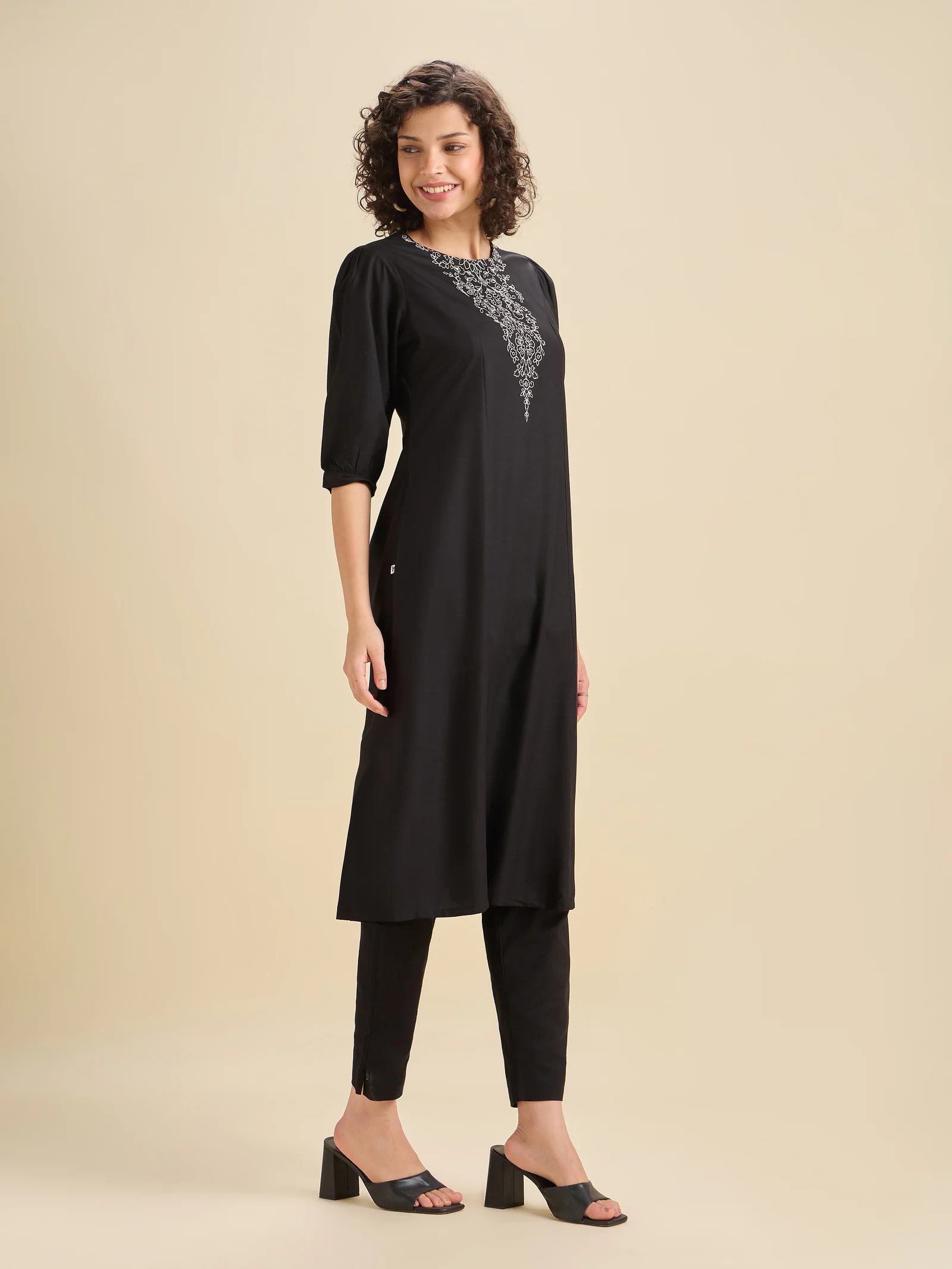 Black Viscose Plain Flared Center Panel Kurti With Embroidery - Image 4