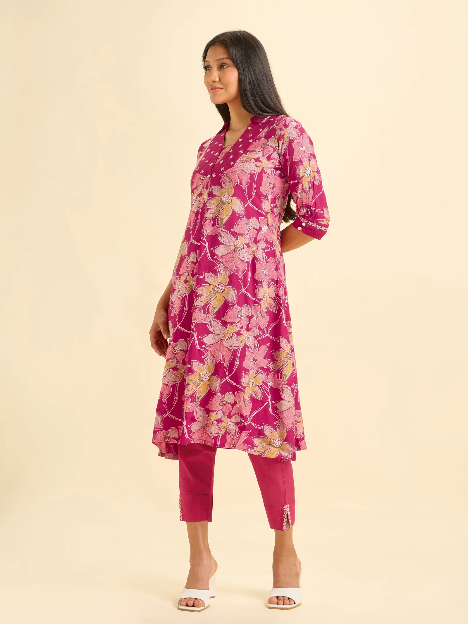 Magenta Viscose Blend Foil Printed Flared Kurta Set With Sequins Embroidery - Image 3