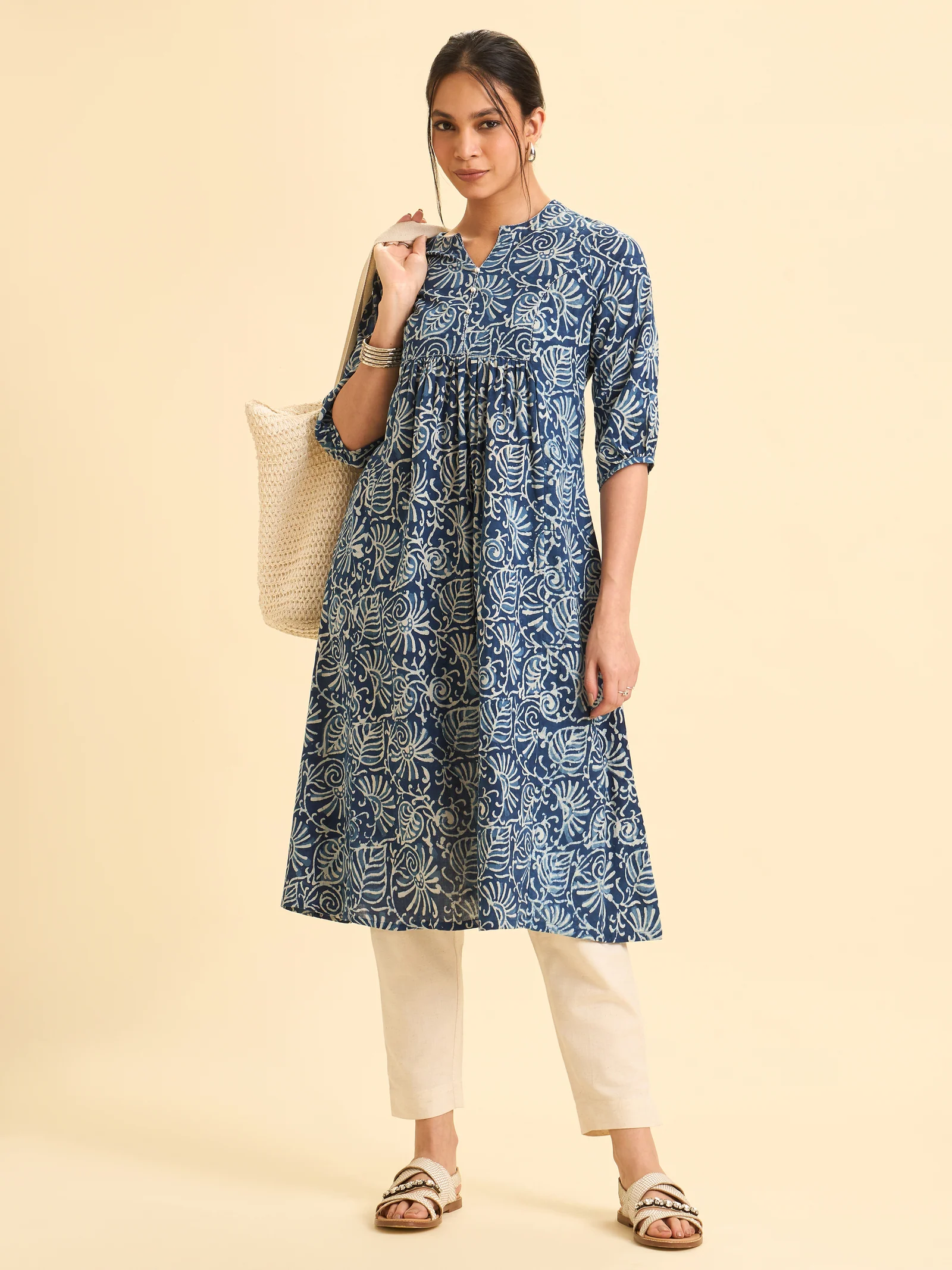 Indigo Pure Cotton Printed Flared Kurti With Sequins Work - Image 3