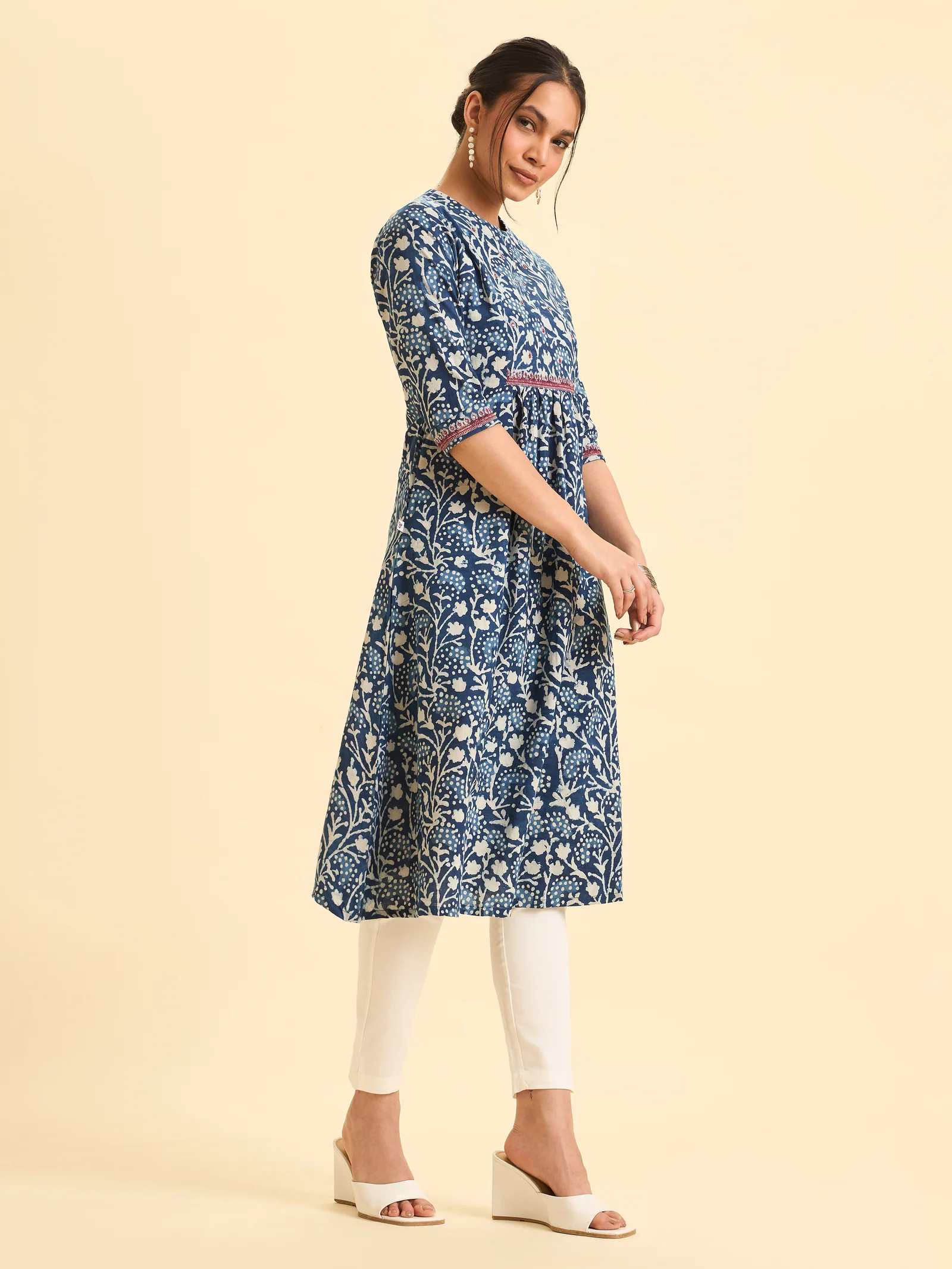 Indigo Blue Pure Cotton Printed Kurti With Embroidery And Sequins Work - Image 2
