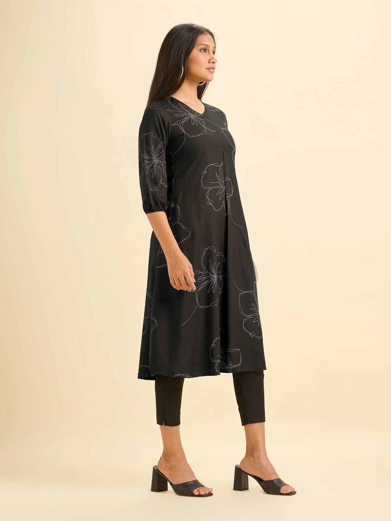 Black And White Tencel Printed Flared Kurti With Box Pleat - Image 2