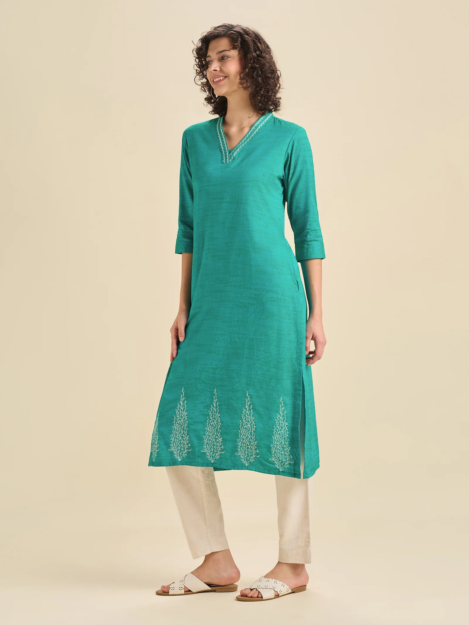 Aqua Green Cotton Viscose Kurti With Embroidery - Image 2