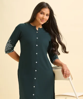 Teal Viscose Slub Kurti With Embroidery