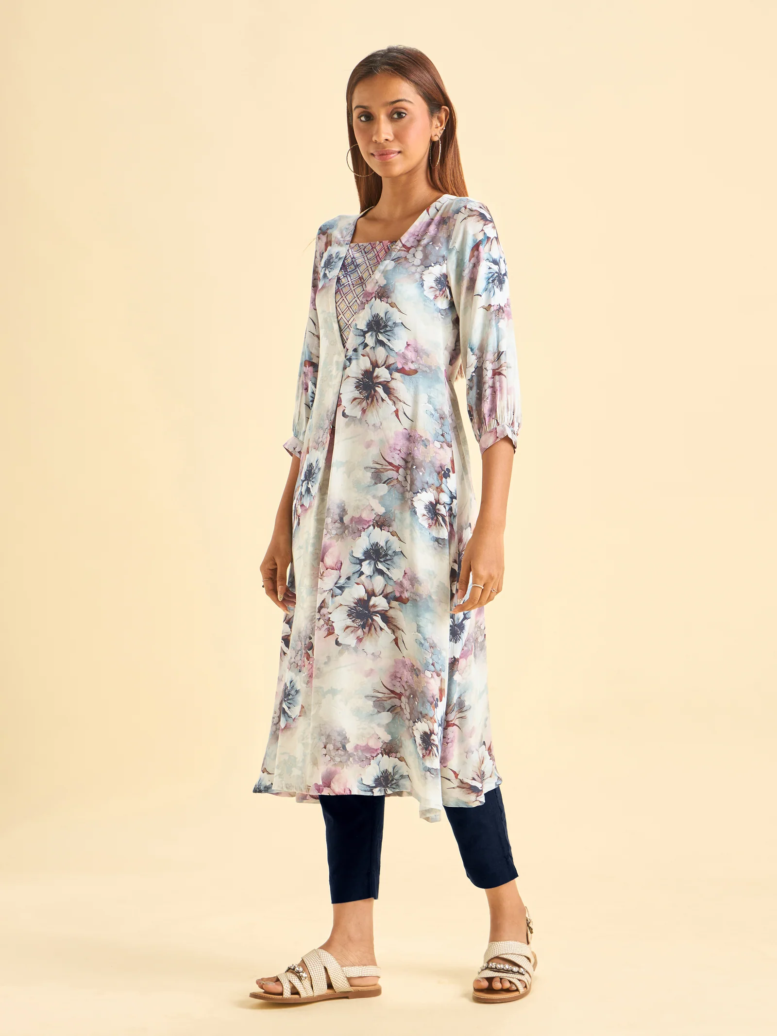 Ivory Modal Satin Printed Flared Kurti - Image 3