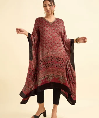 Maroon Multi Colour Modal Satin Kaftan With Embroidery Sequins Work