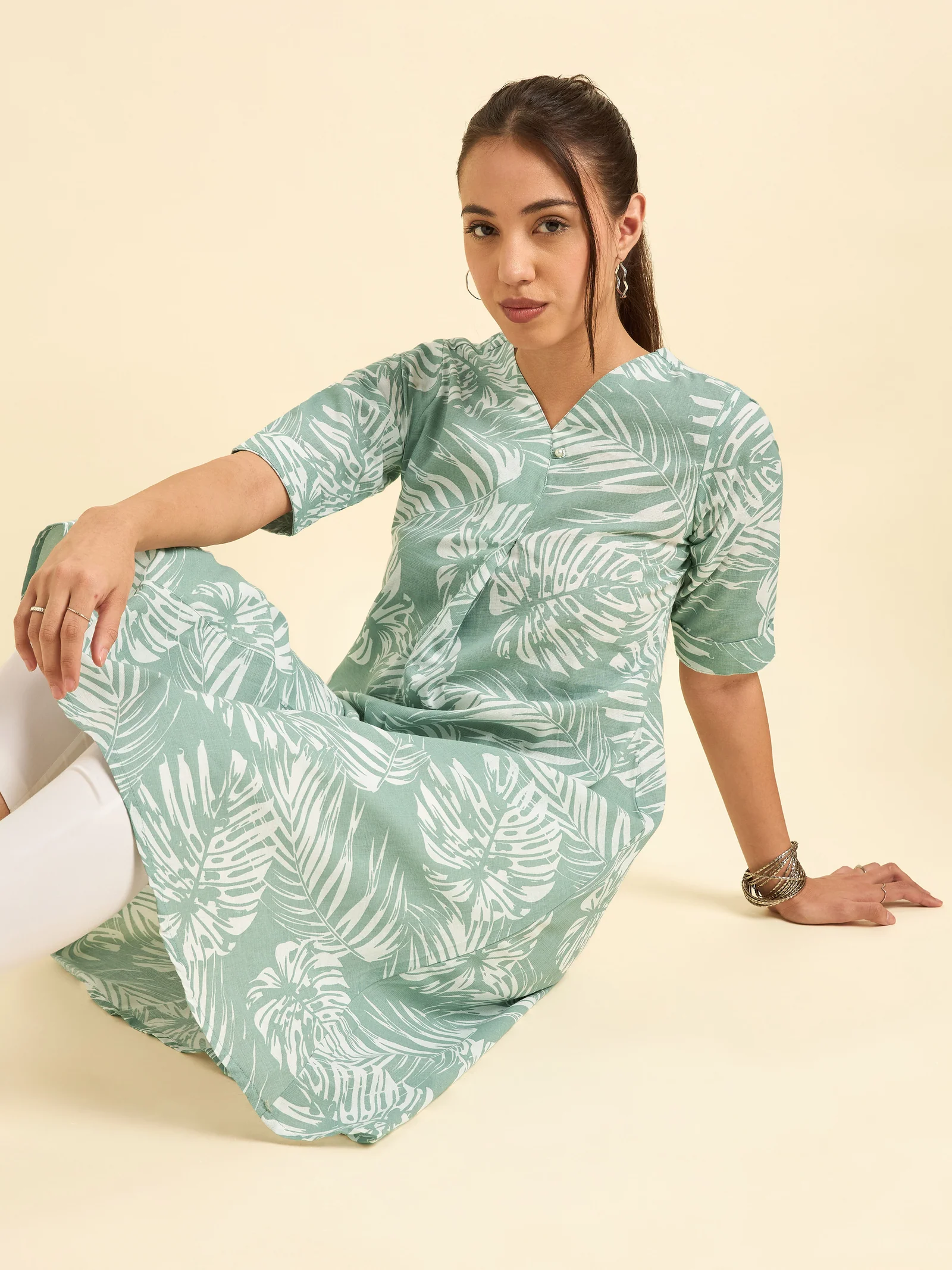 Sage Green And White Cotton Linen Printed Flared Kurti With Knife Pleat - Image 3