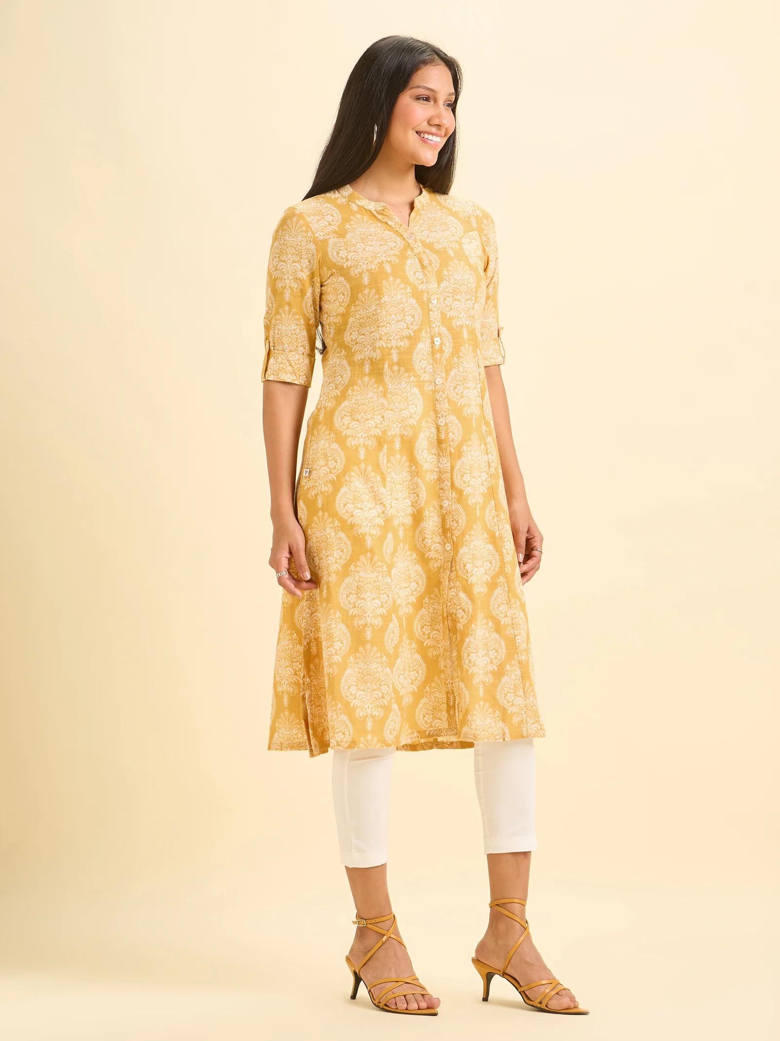Mustard And White Cotton Slub Printed Flared Kurti With Princess Cut - Image 2