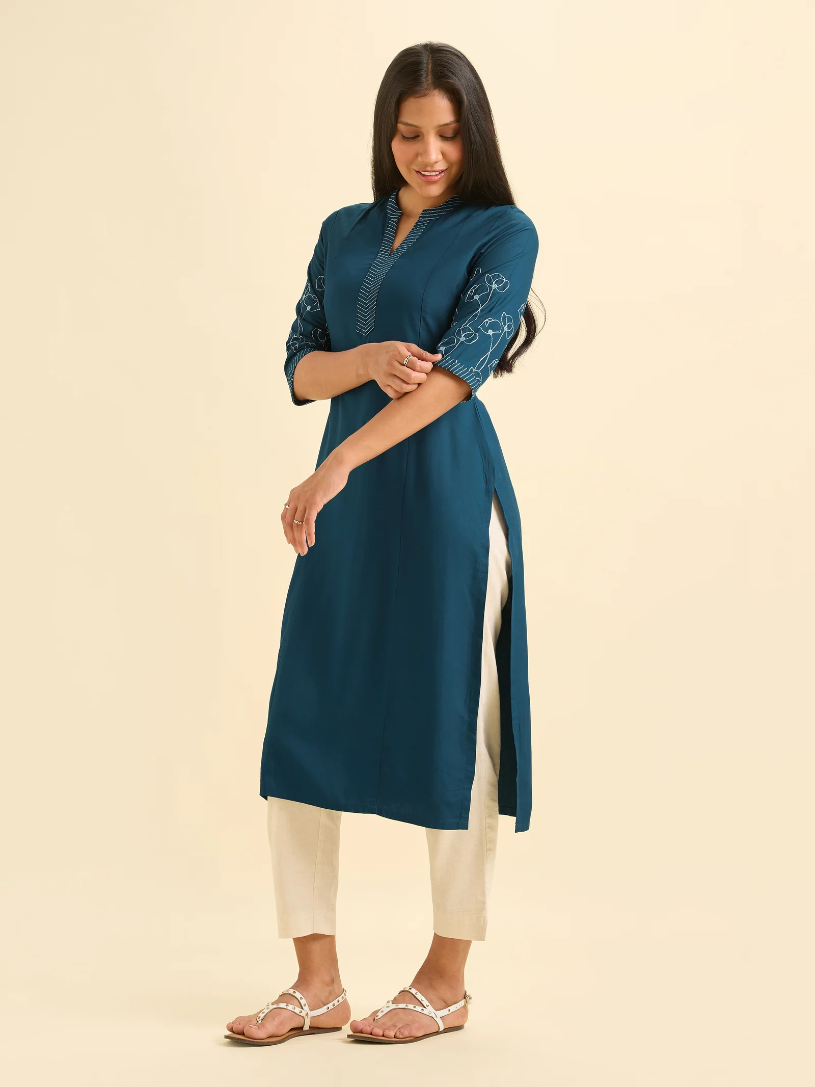 Classic Blue Viscose Plain Slitted Kurti With Embroidery - Image 3