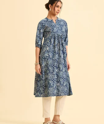 Indigo Pure Cotton Printed Flared Kurti With Sequins Work