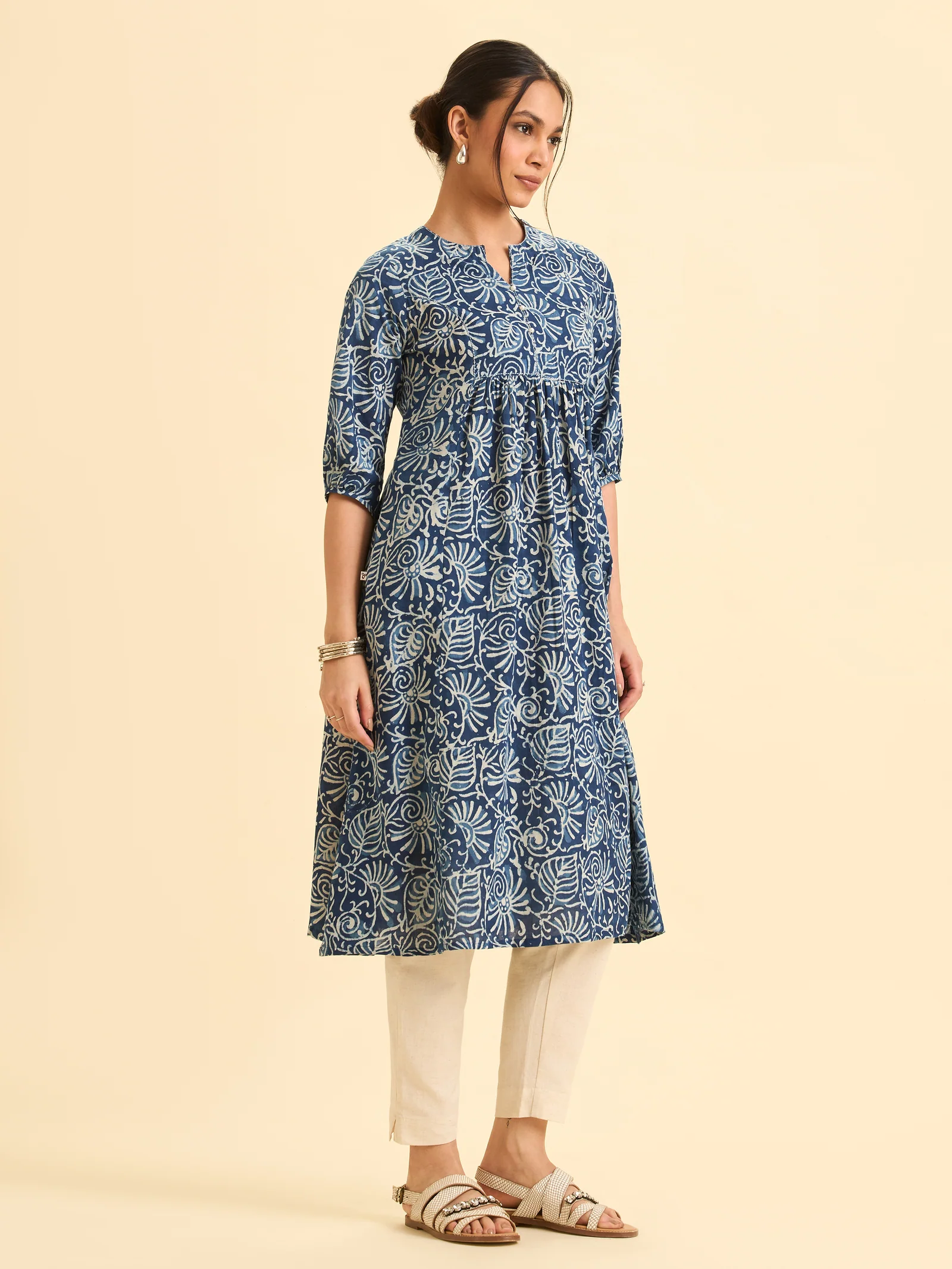 Indigo Pure Cotton Printed Flared Kurti With Sequins Work
