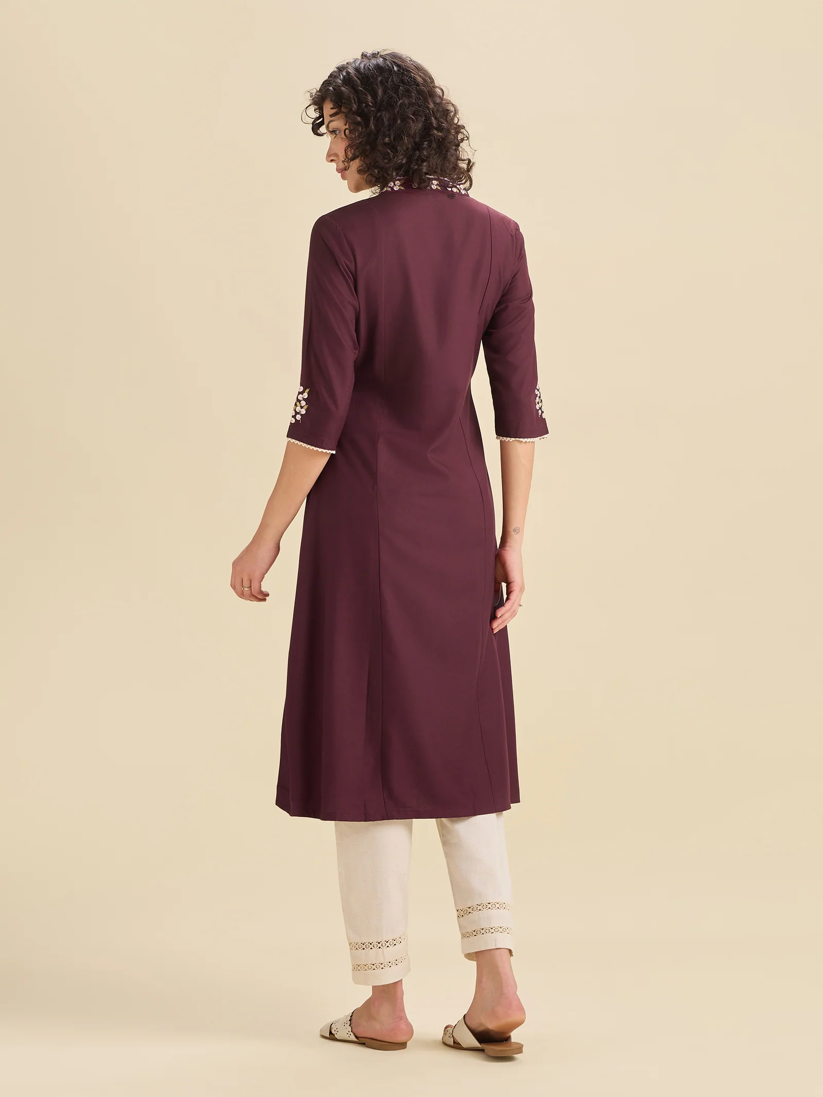 Maroon Viscose Plain Flared Center Panel Kurti With Embroidery - Image 2