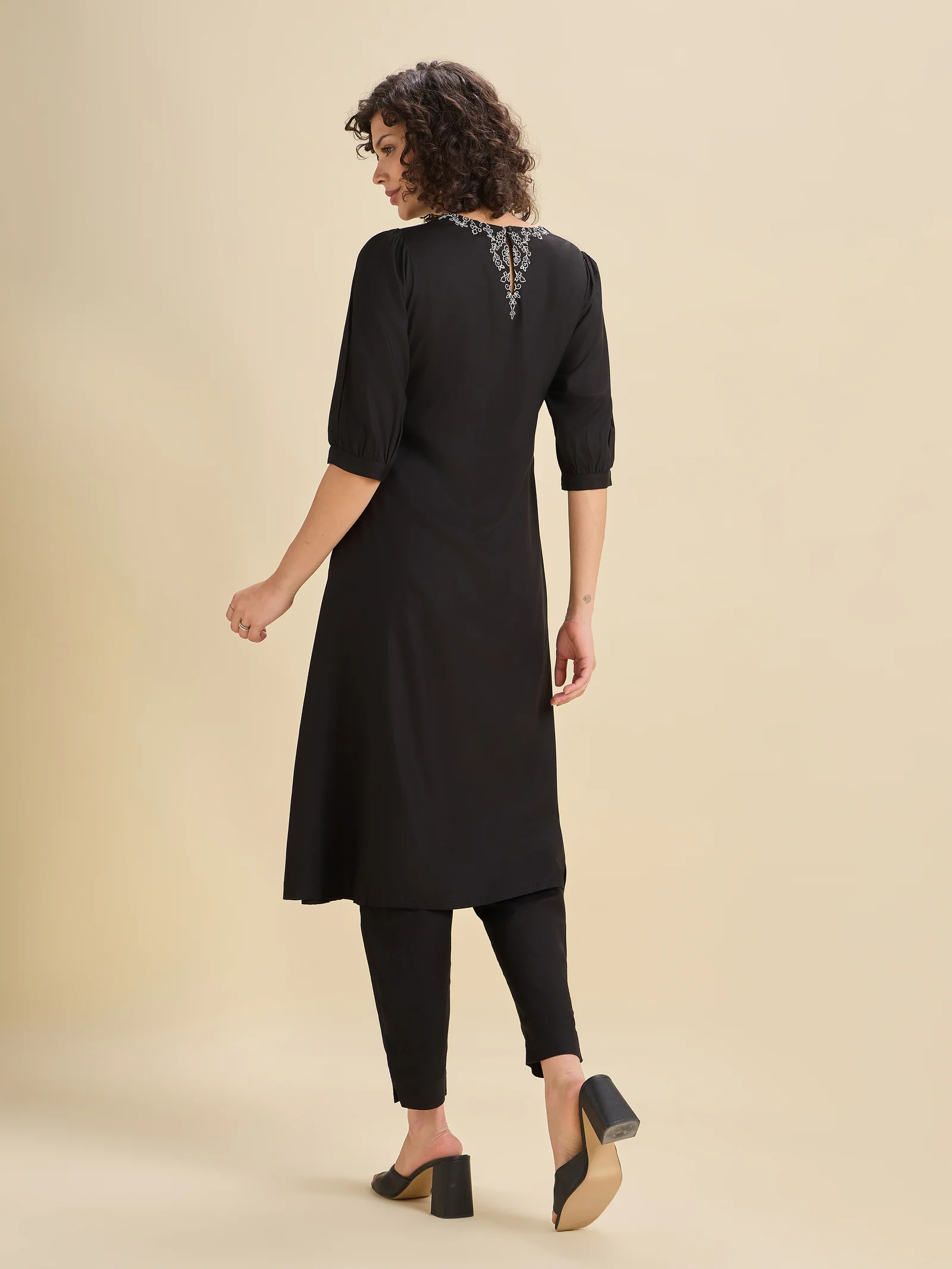 Black Viscose Plain Flared Center Panel Kurti With Embroidery - Image 3
